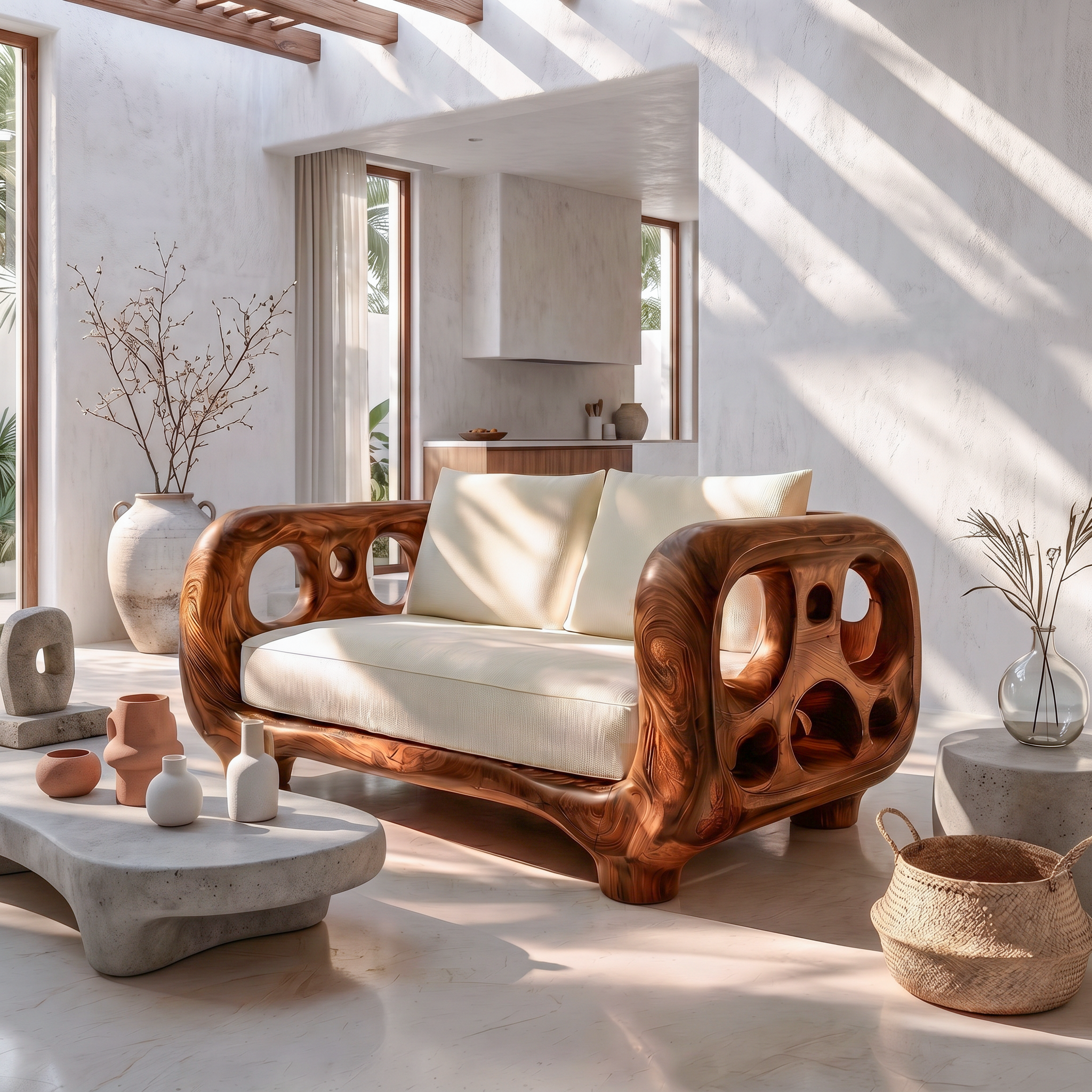Modern Accent Sofa Frame With Rounded Wooden Arms For Living Room