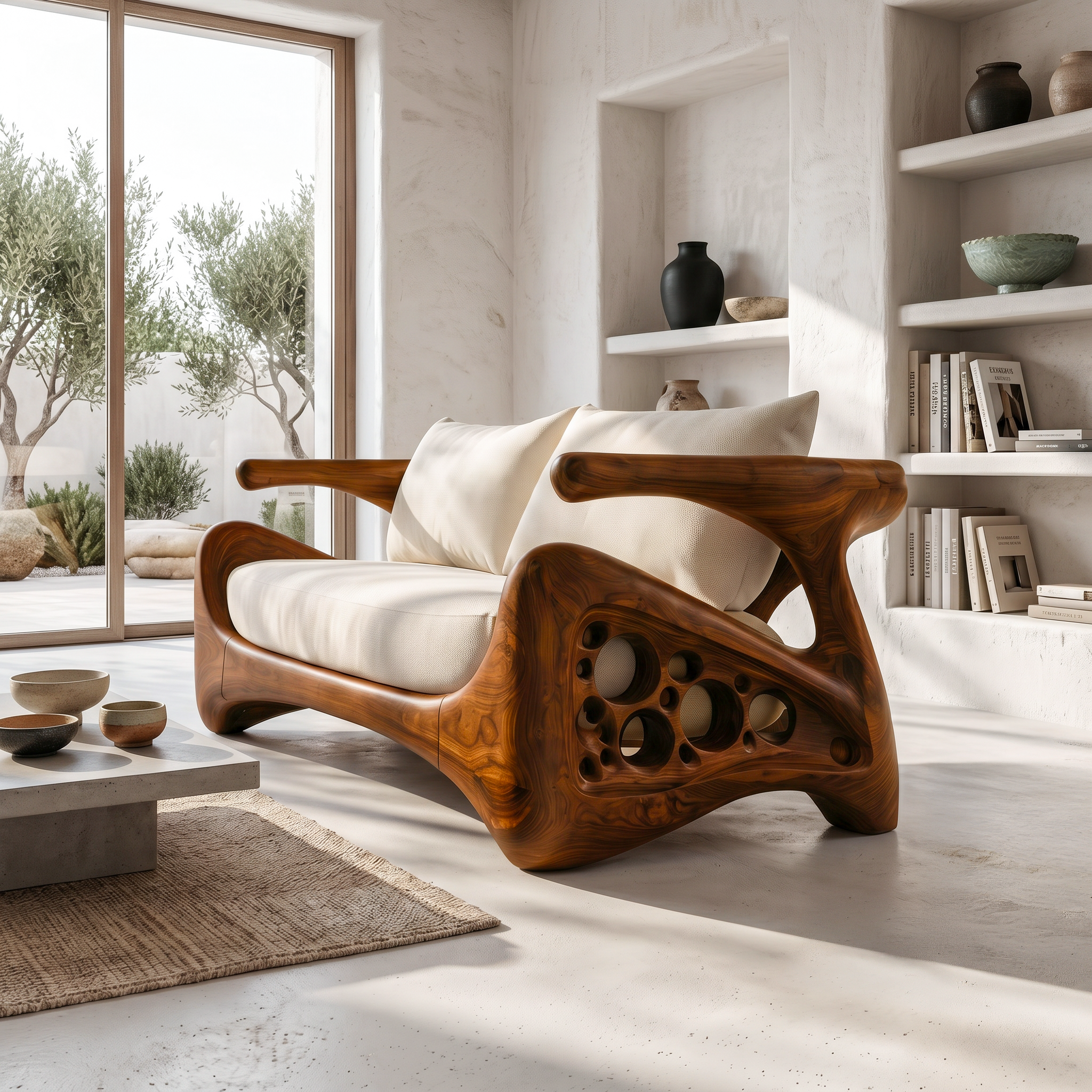Natural Sofa Frame With Bold Sculptural Armrests For Living Room