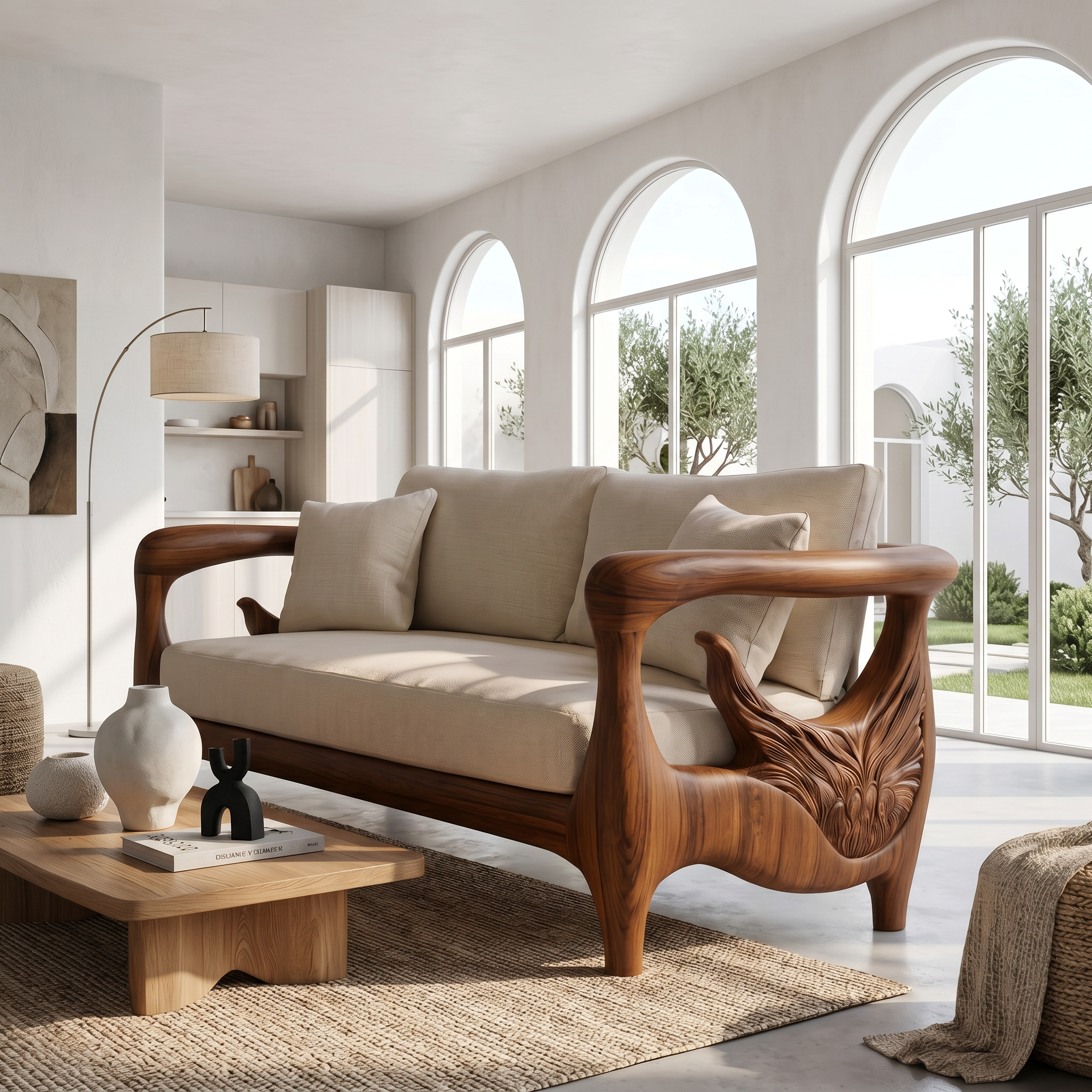 Nature Inspired Sofa Frame With Handcrafted Wheel Armrests For Living Room