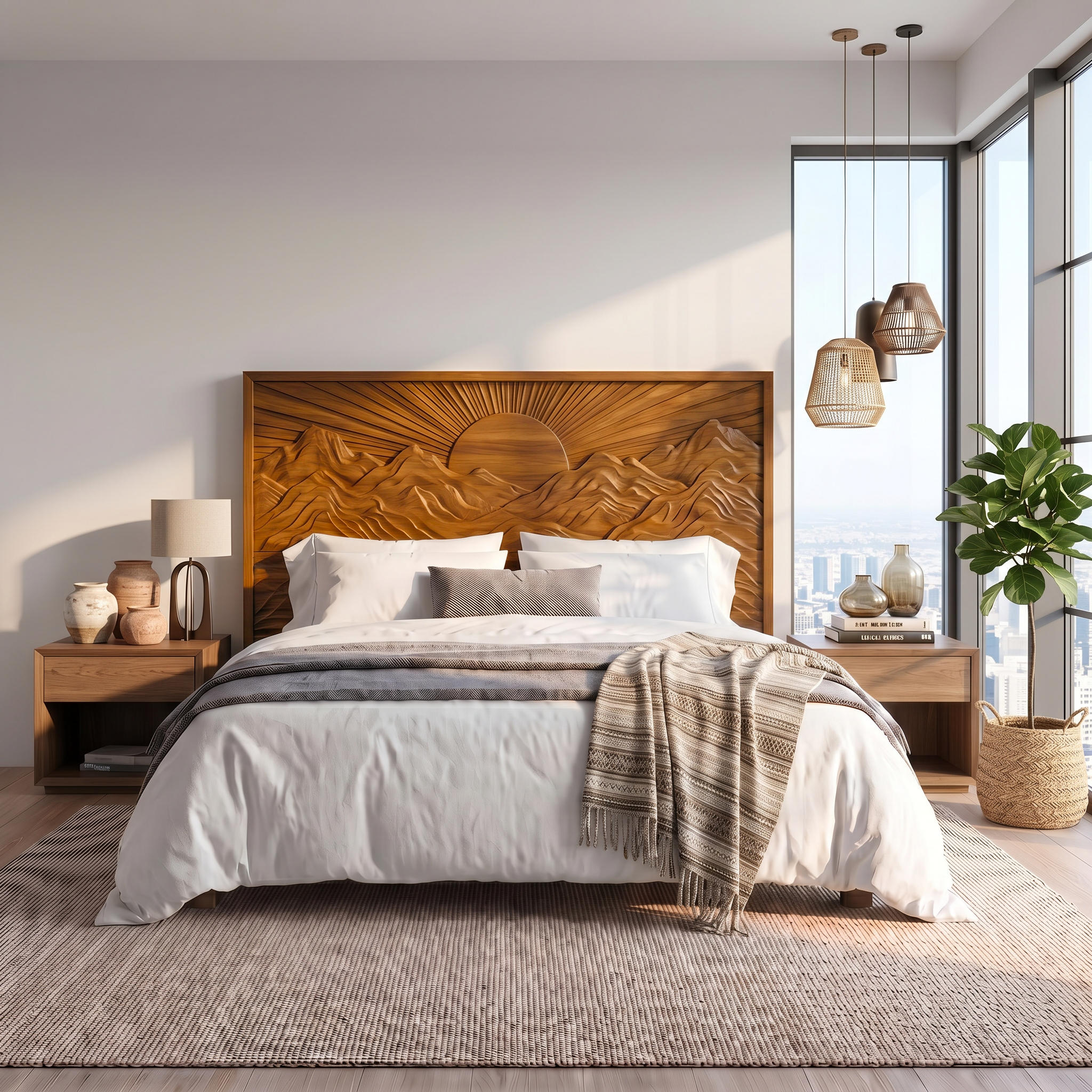 Mid Century Sunrise Headboard Wooden Bed Headboard For Bedroom