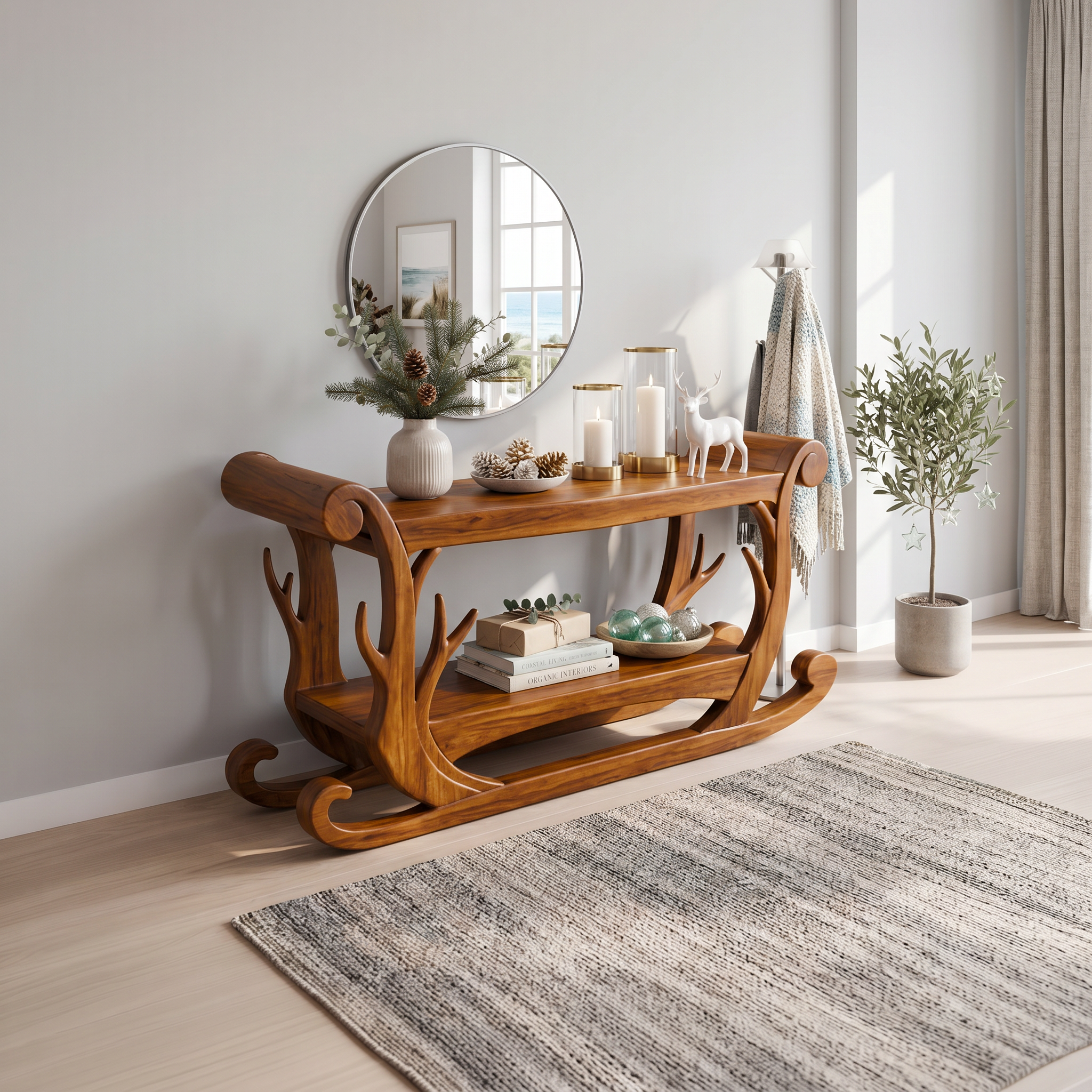 Sculptural Console Table Handcrafted Curved Wood Design For Entryway Hallway