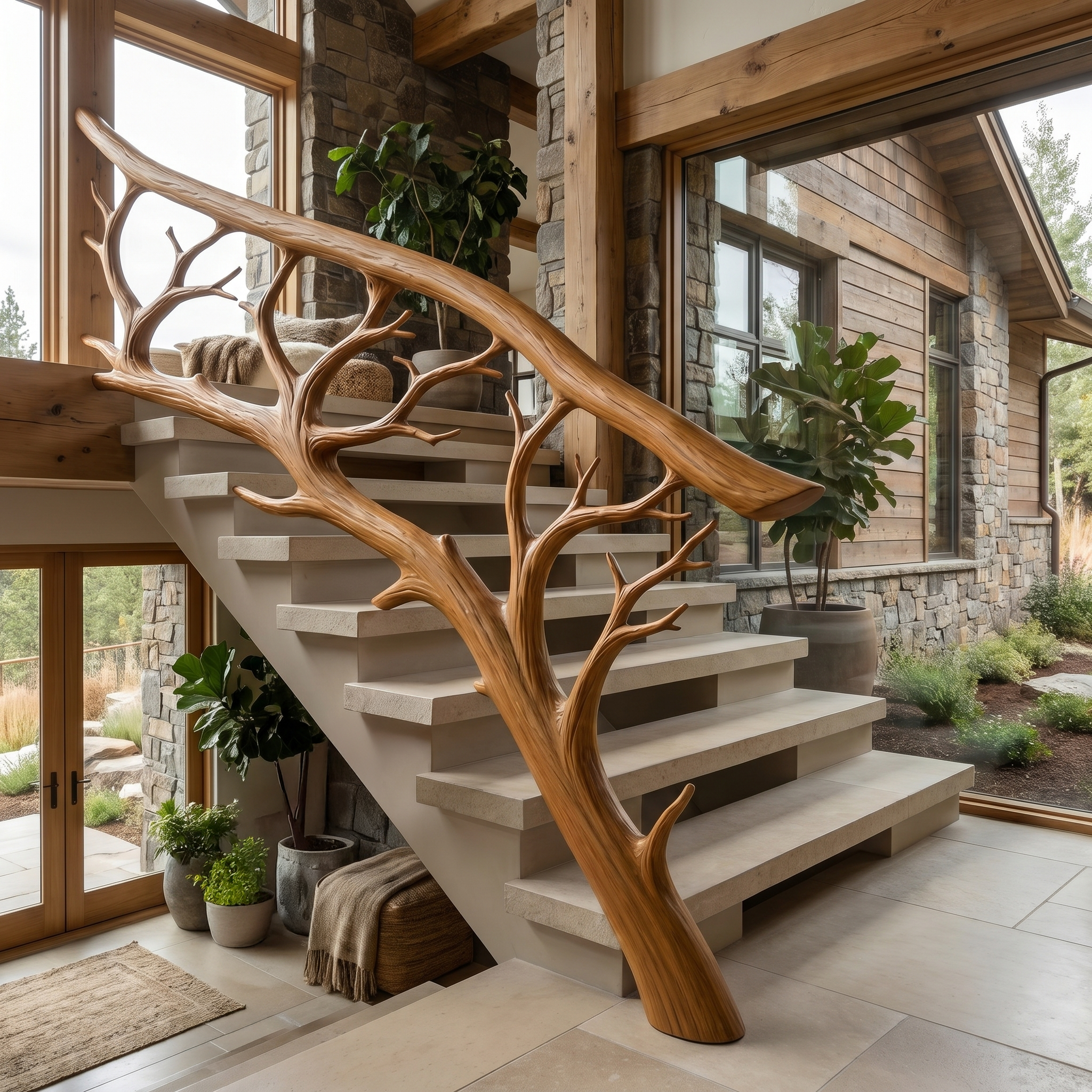 Rustic Tree Branch Stair Railing With Organic Wood Design For Interior Staircase