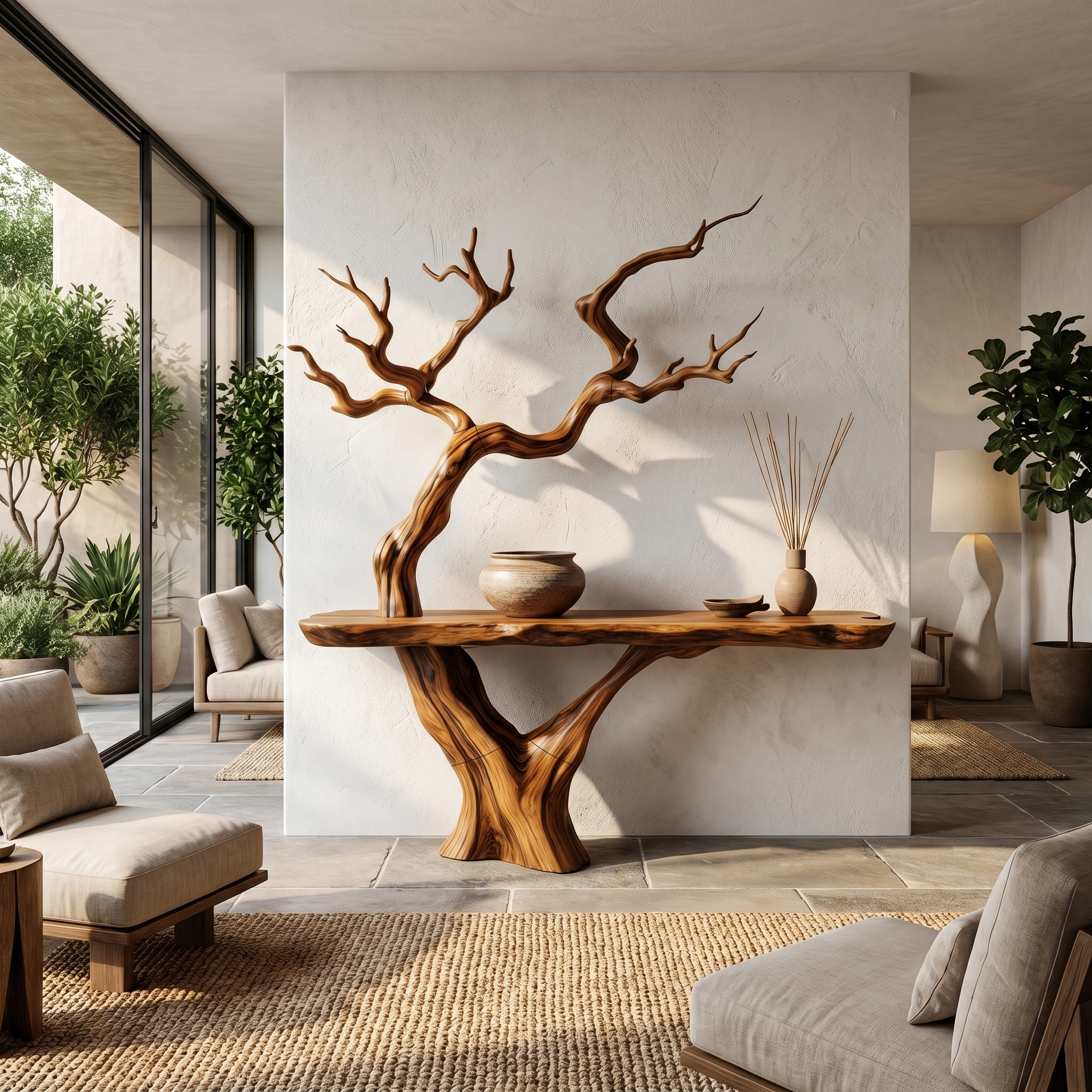 Rustic Console Table With Sculptural Tree Branch Base And Live Edge Wood Top For Entryway And Living Room