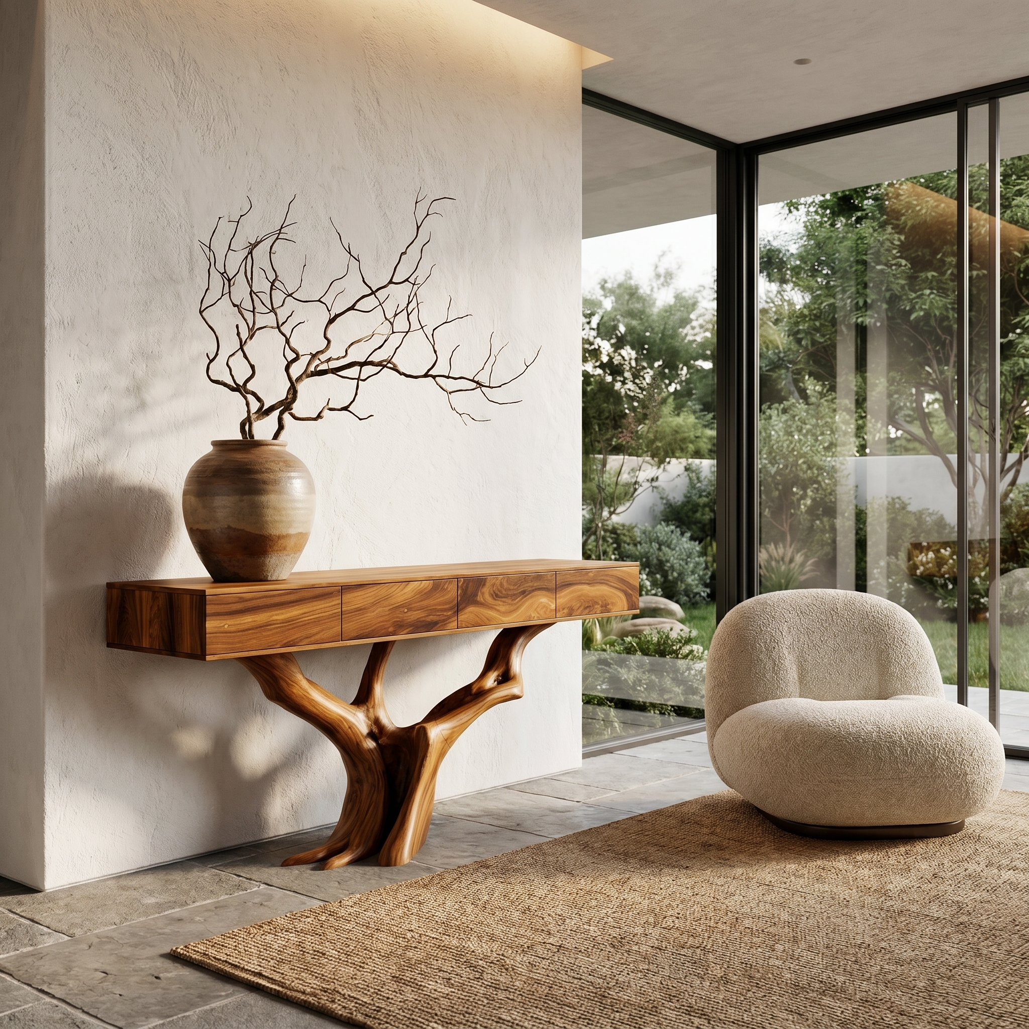 Rustic Live Edge Console Table With Sculptural Tree Branch Base For Entryway And Living Room