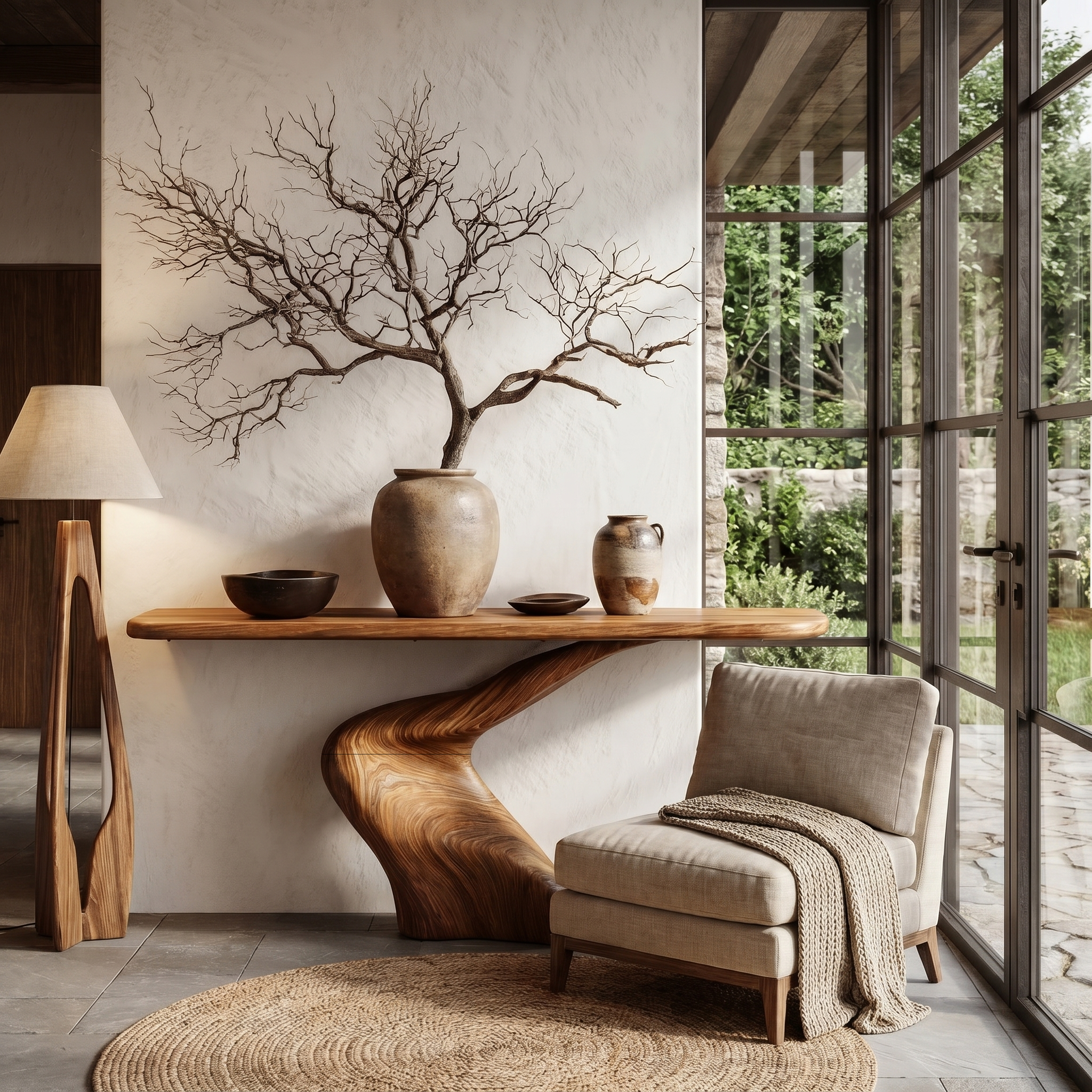 Organic Console Table With Sculptural Twisted Solid Wood Base For Entryway And Living Room