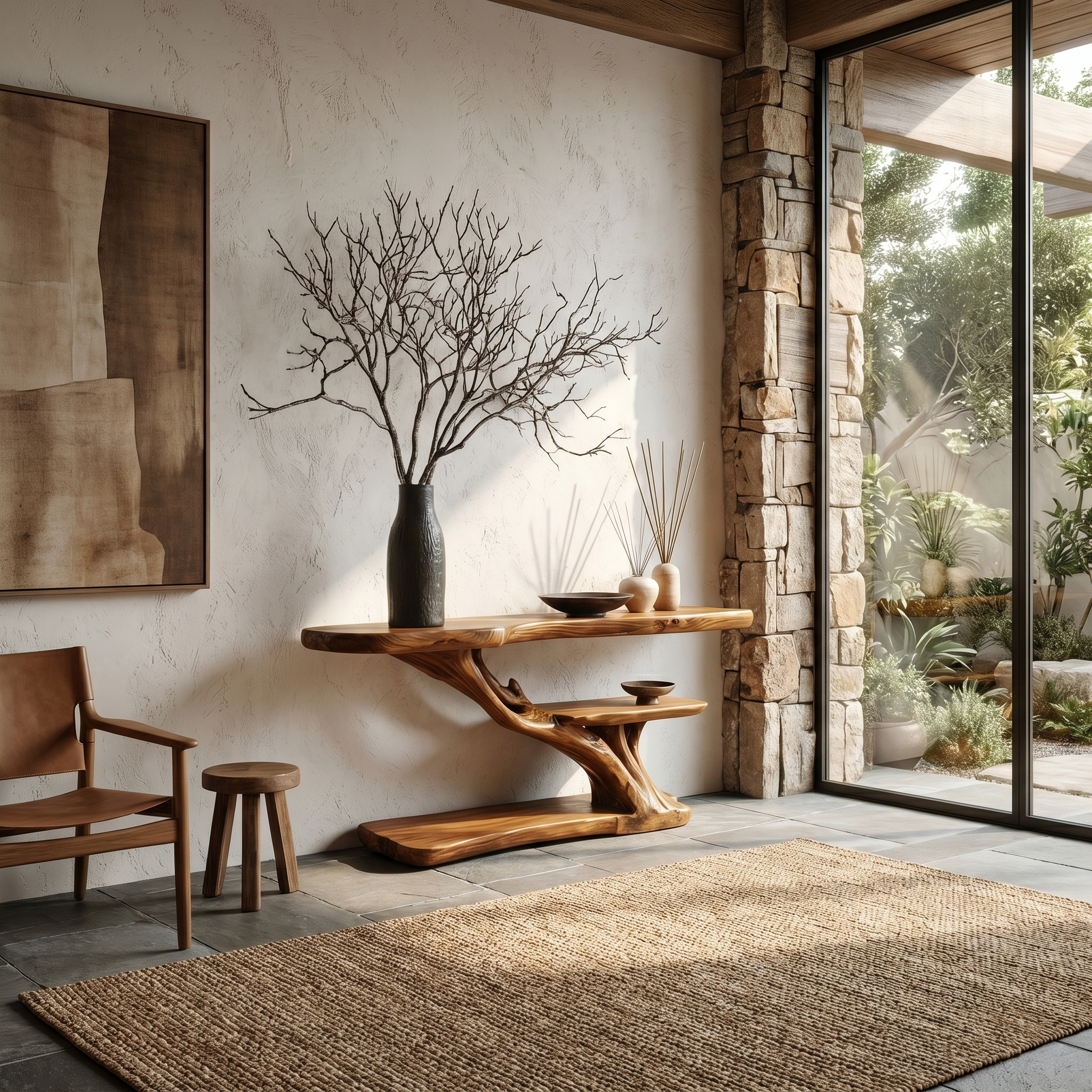 Organic Sculptural Console Table With Handcrafted Wood Base For Hallway