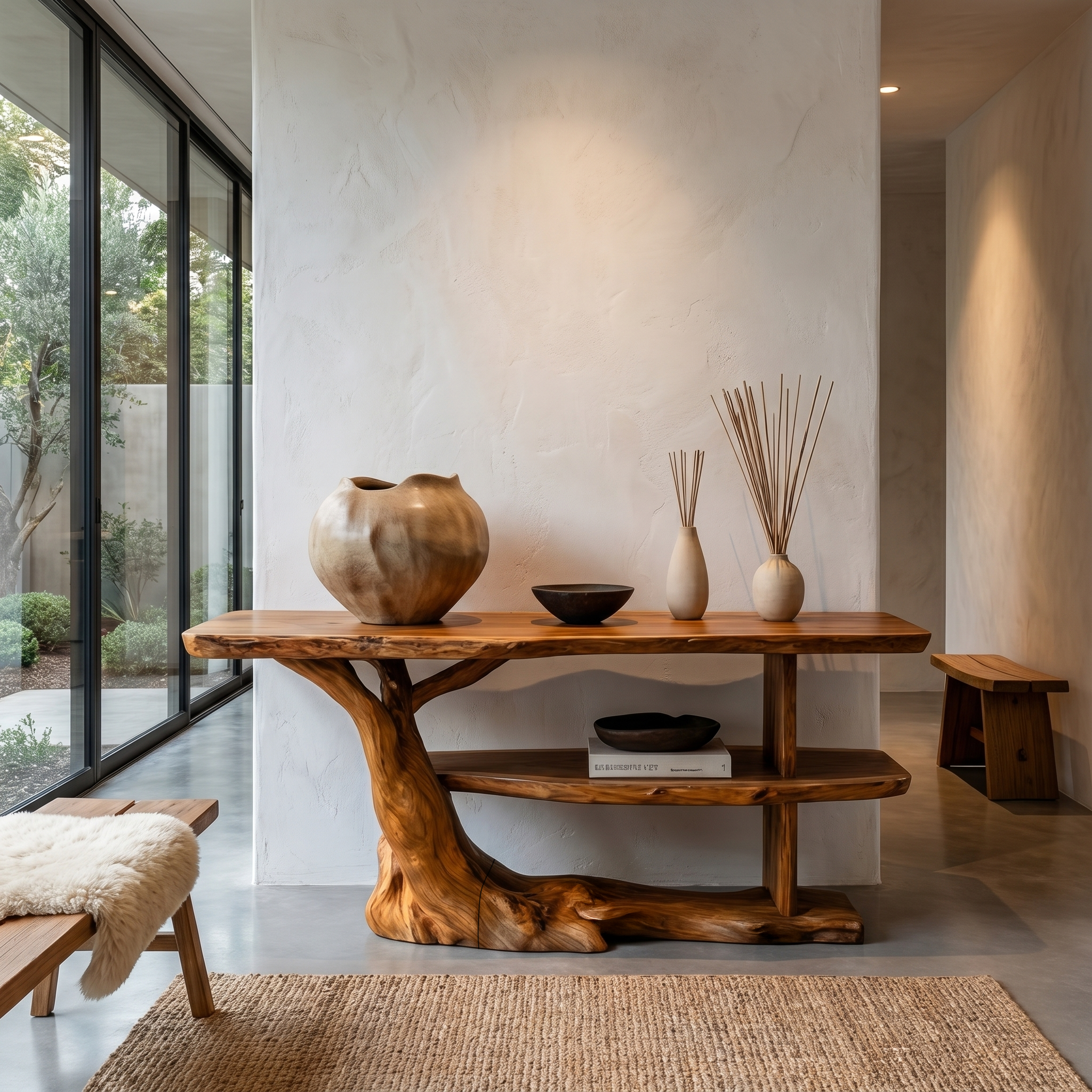 Modern Console Table With Flowing Wood Pedestal Base For Entryway