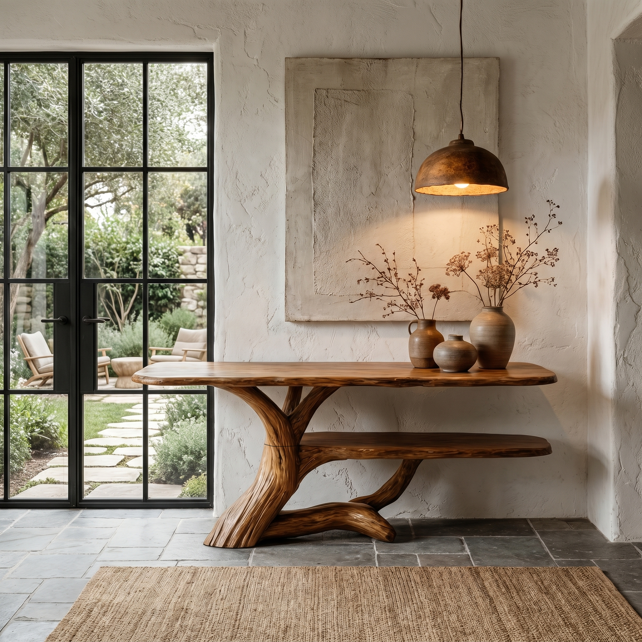 Nature Inspired Console Table With Open Shelf Storage For Living Room