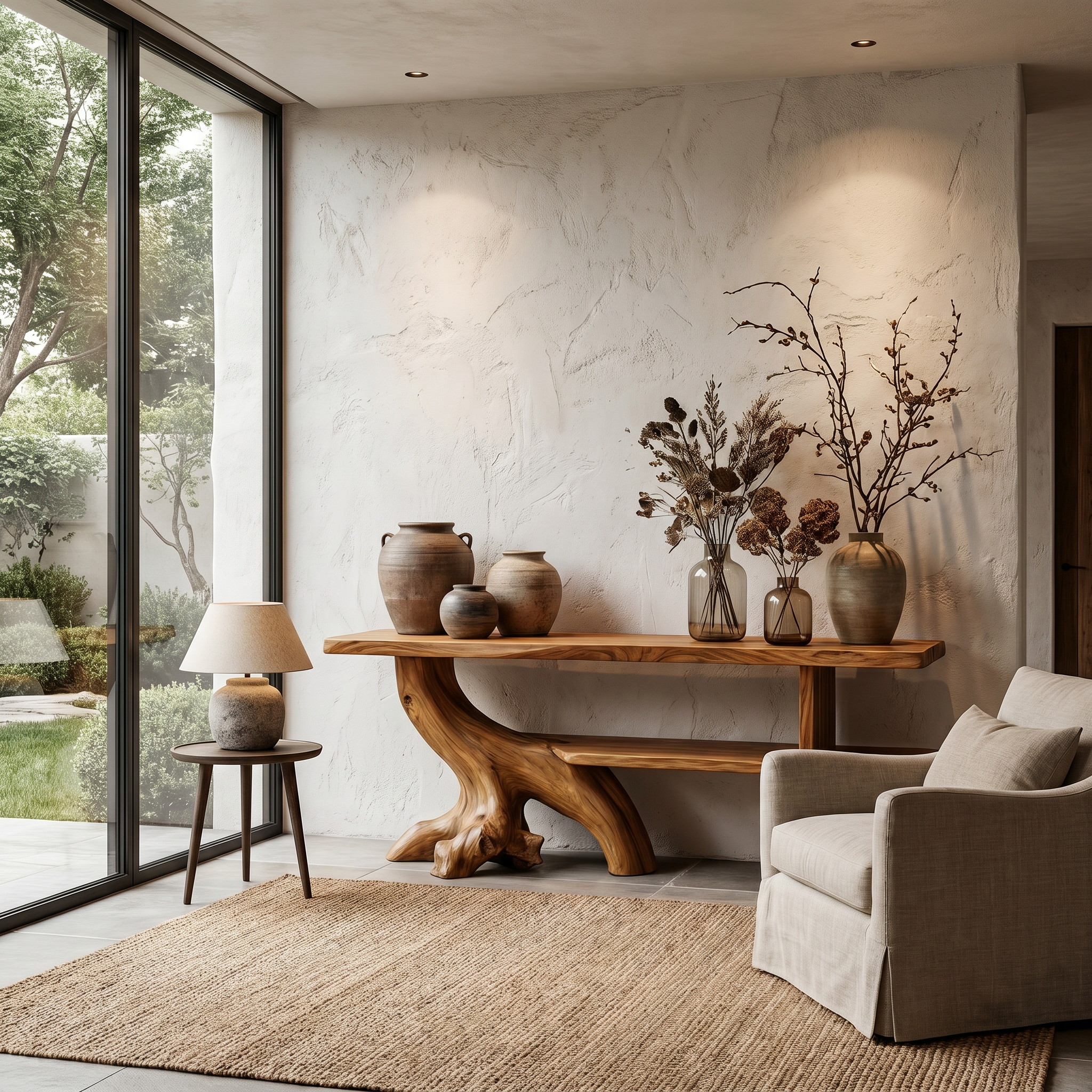 Organic Console Table With Sculptural Tree Branch Base For Entryway And Living Room