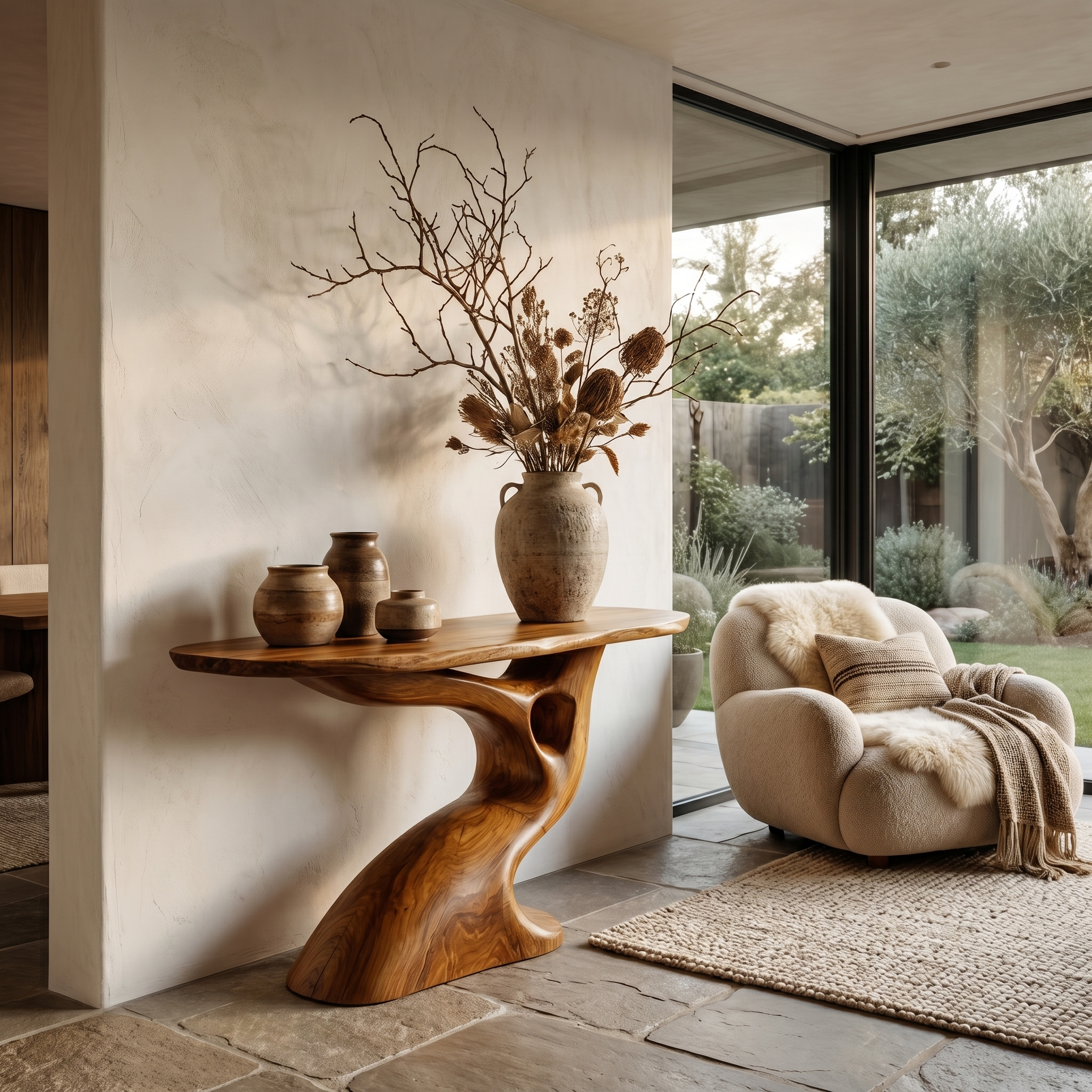Tree Inspired Console Table With Sculptural Wood Structure For Hallway
