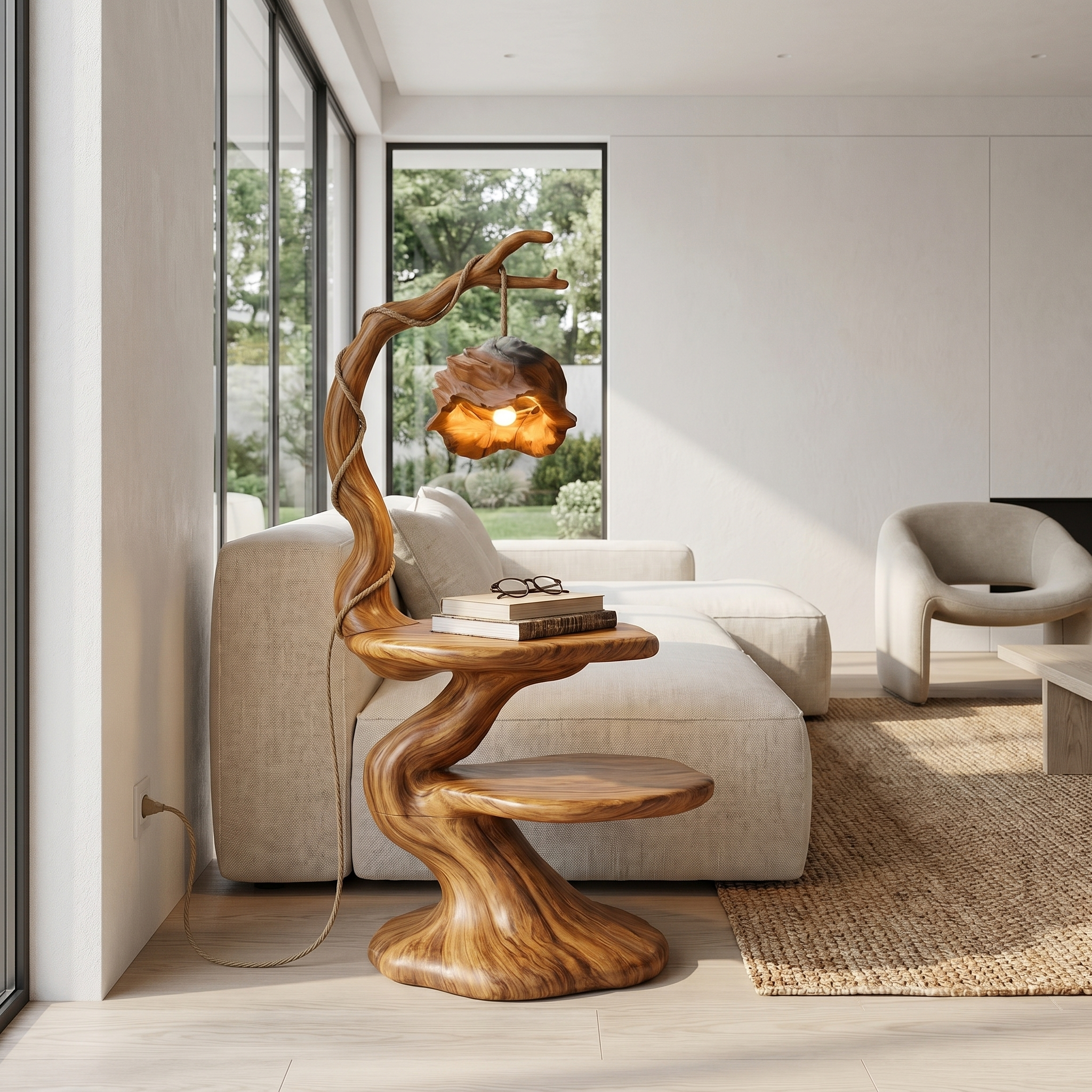 Rustic Beside Table With Tree Root Design And Hanging Lamp For Living Room