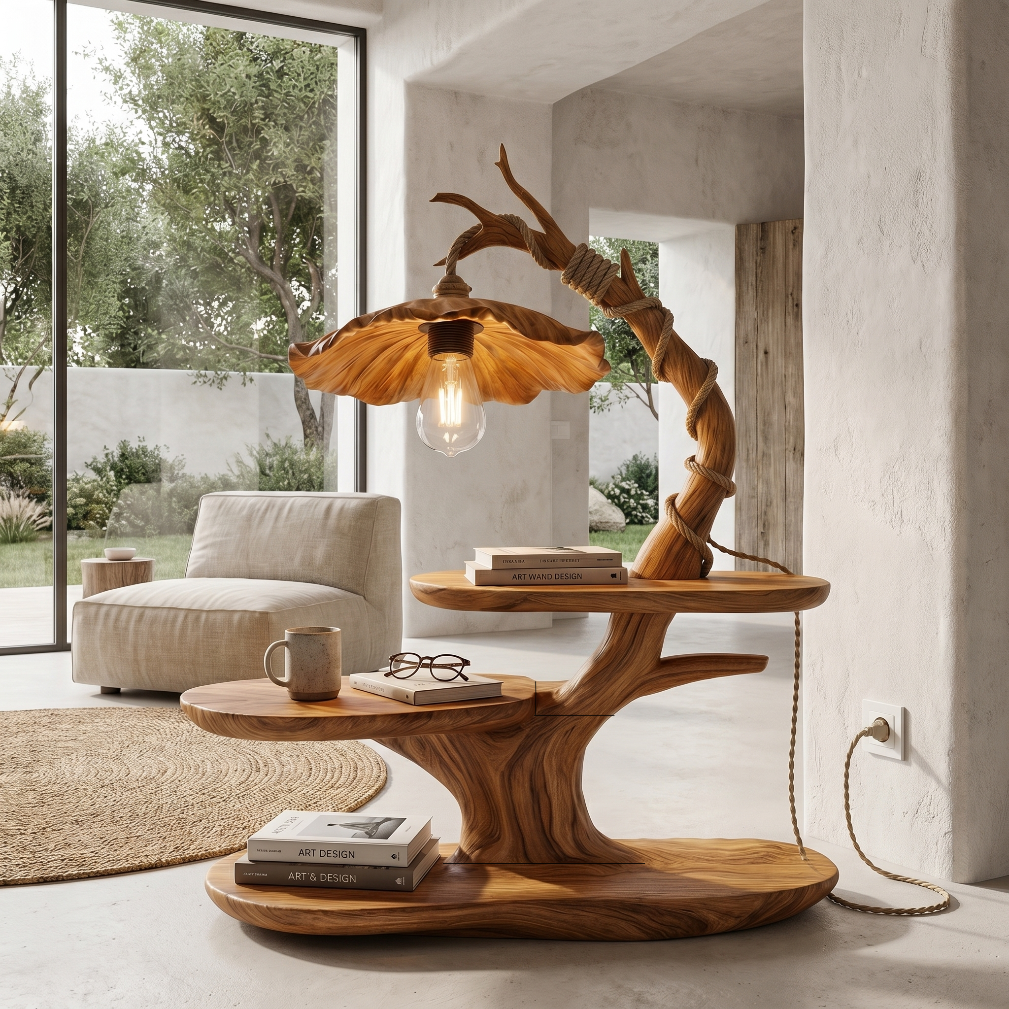 Sculptural Beside Table With Tree Branch Lamp And Open Storage Shelves For Living Room