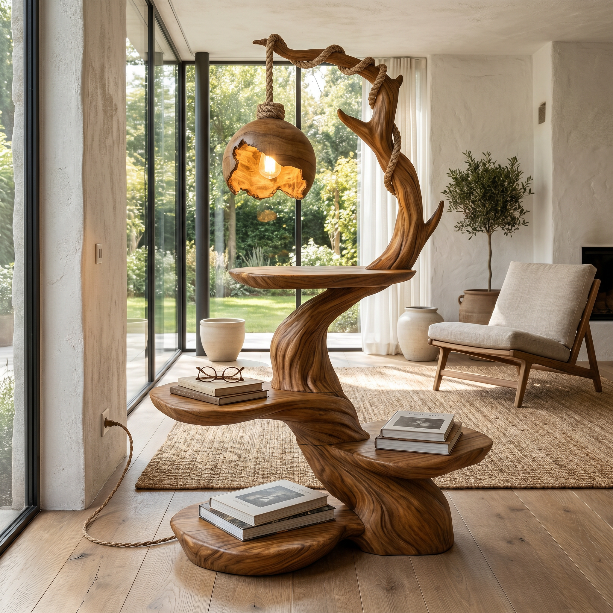 Nature Inspired Beside Table With Sculptural Tree Form And Ambient Lamp For Living Room