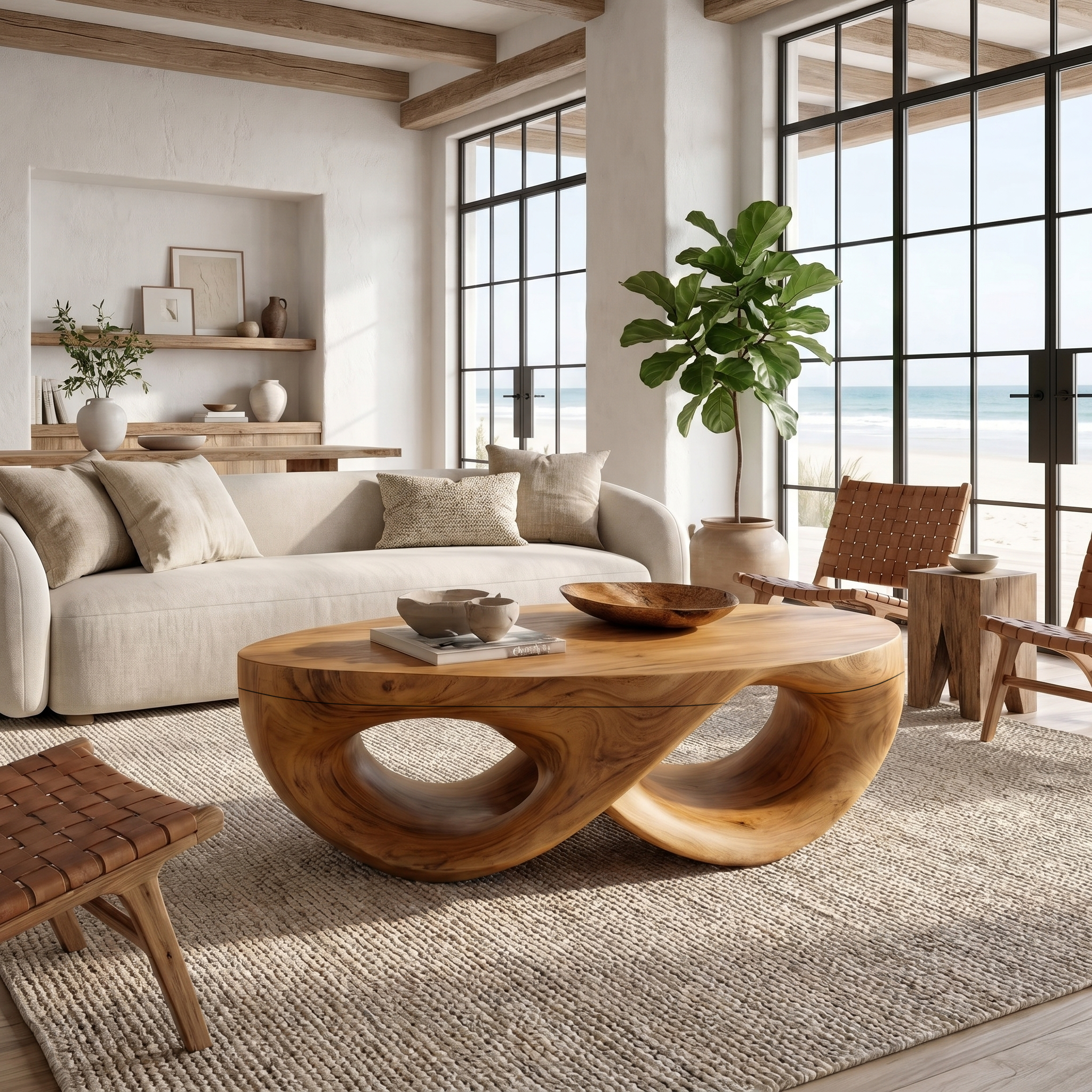 Organic Sculptural Coffee Table With Flowing Solid Wood Silhouette For Living Room