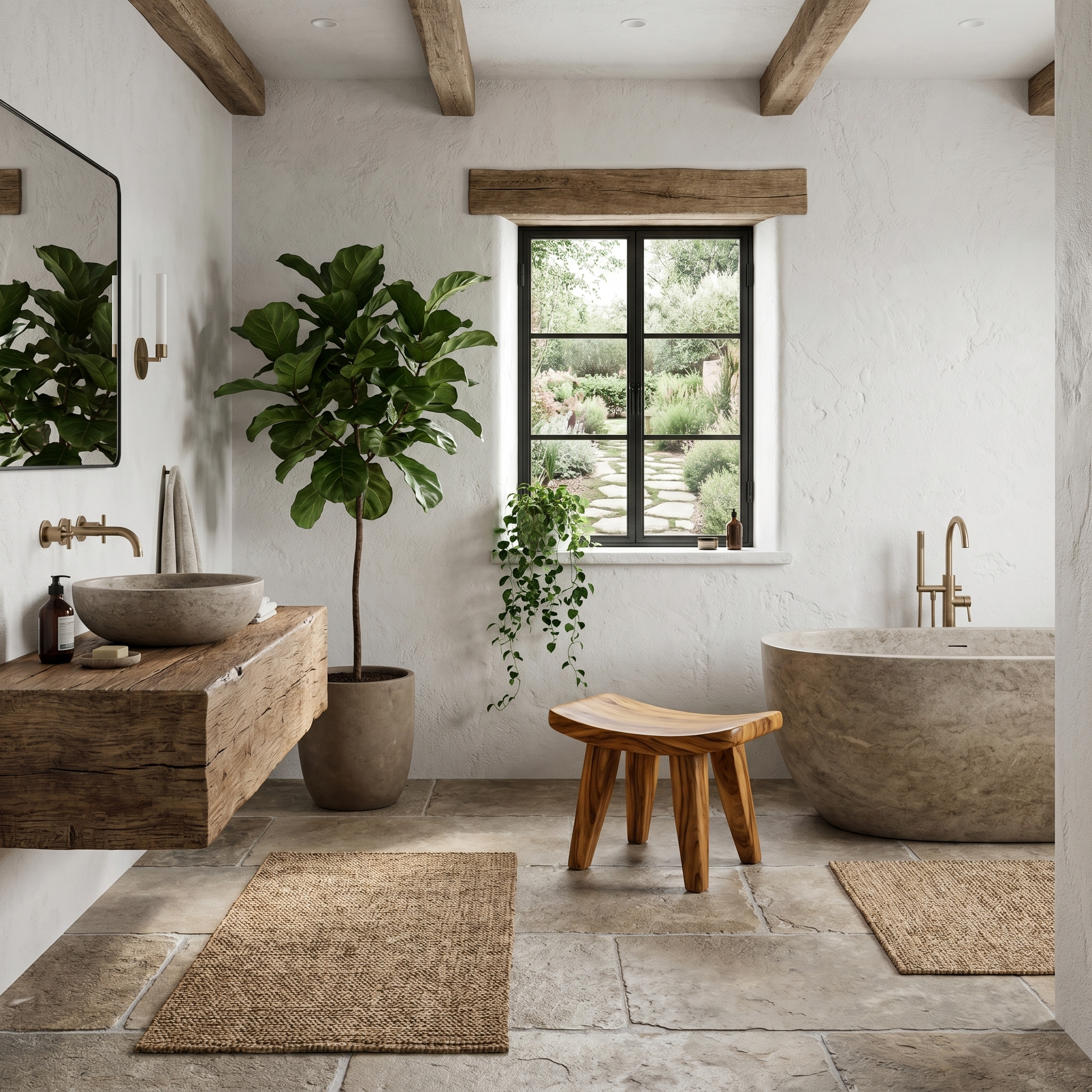 Rustic Wooden Stool With Artistic Solid Wood Form For Bathroom