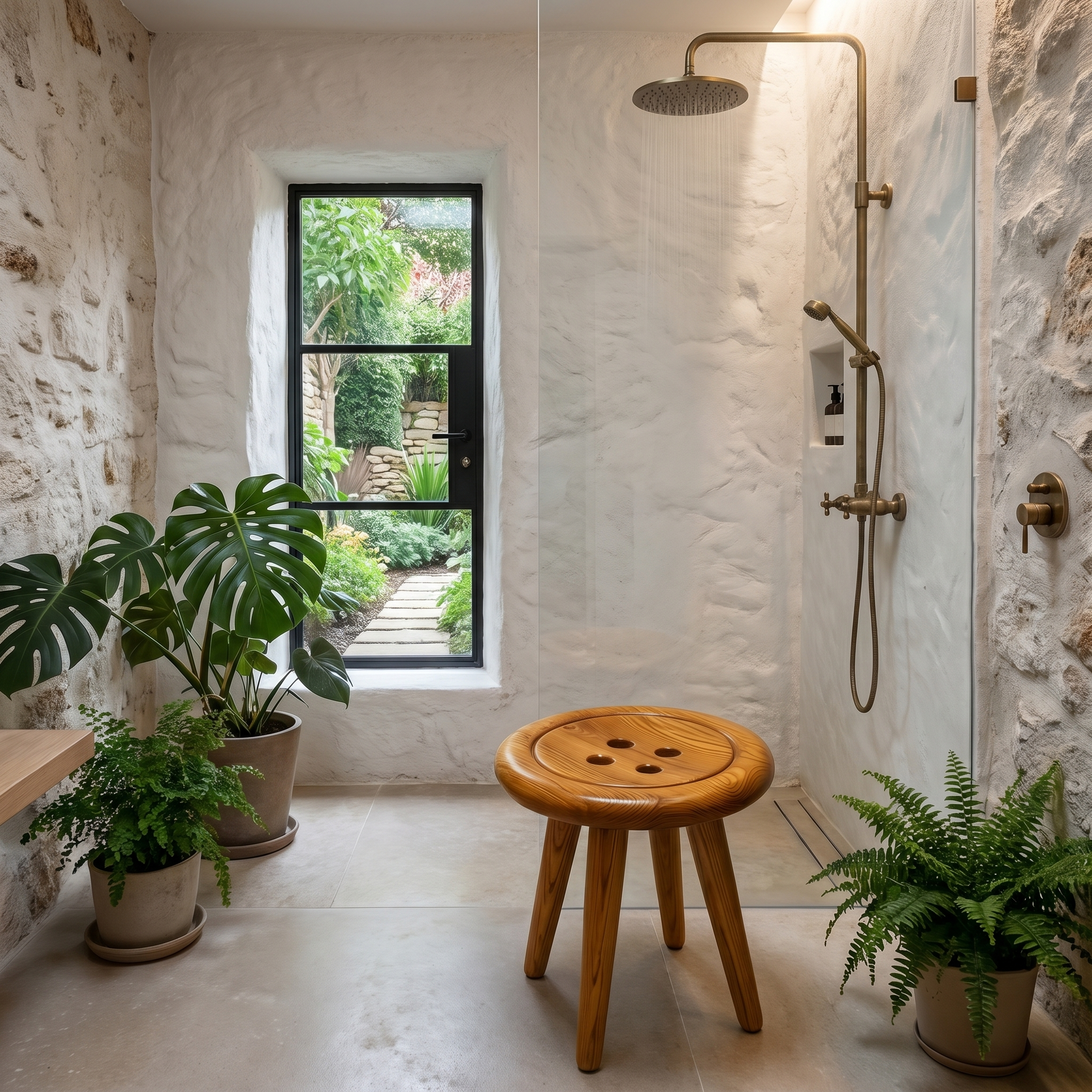 Modern Organic Shower Stool With Handcrafted Wood Design For Bathroom