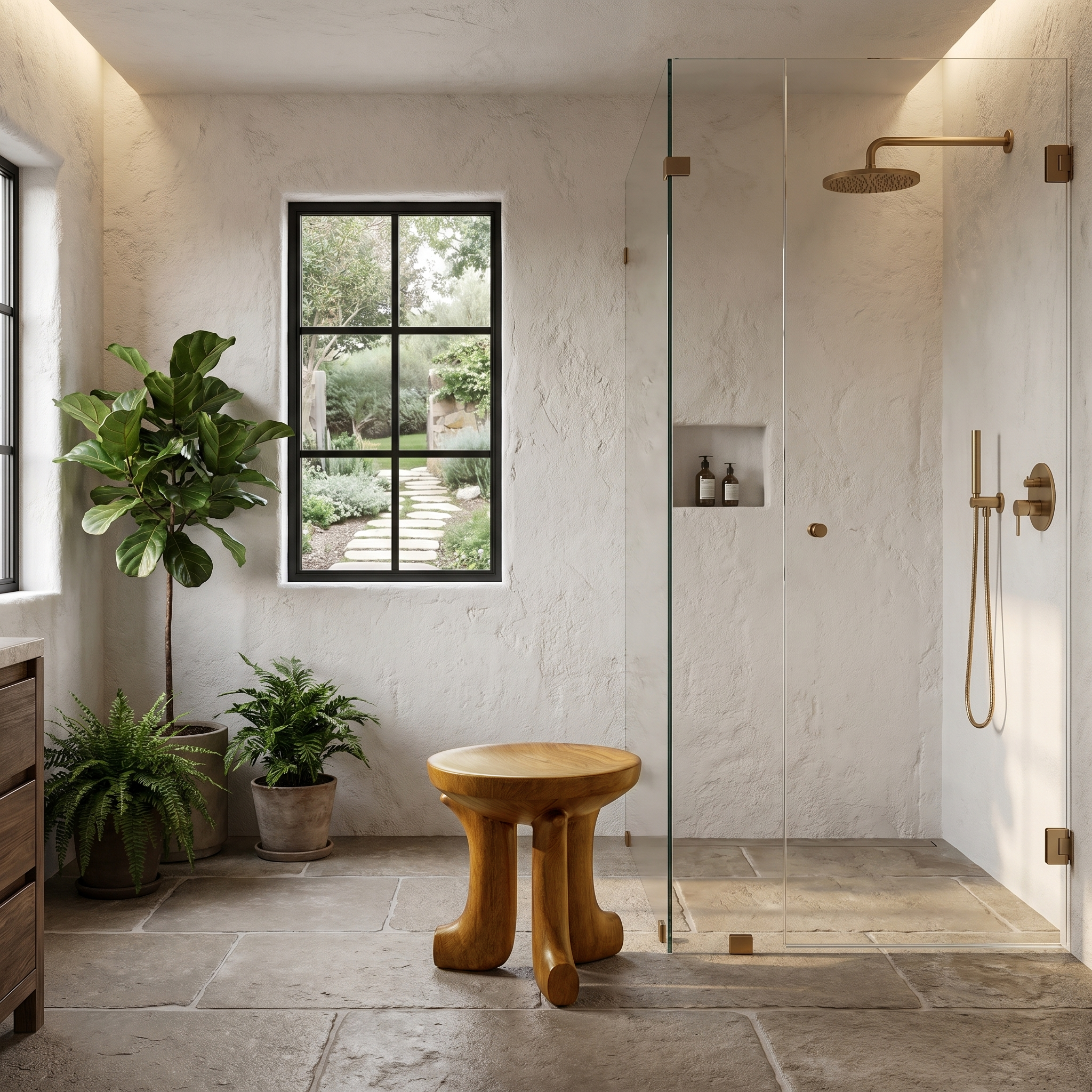 Rustic Bath Stool With Chunky Solid Wood Legs For Bathroom