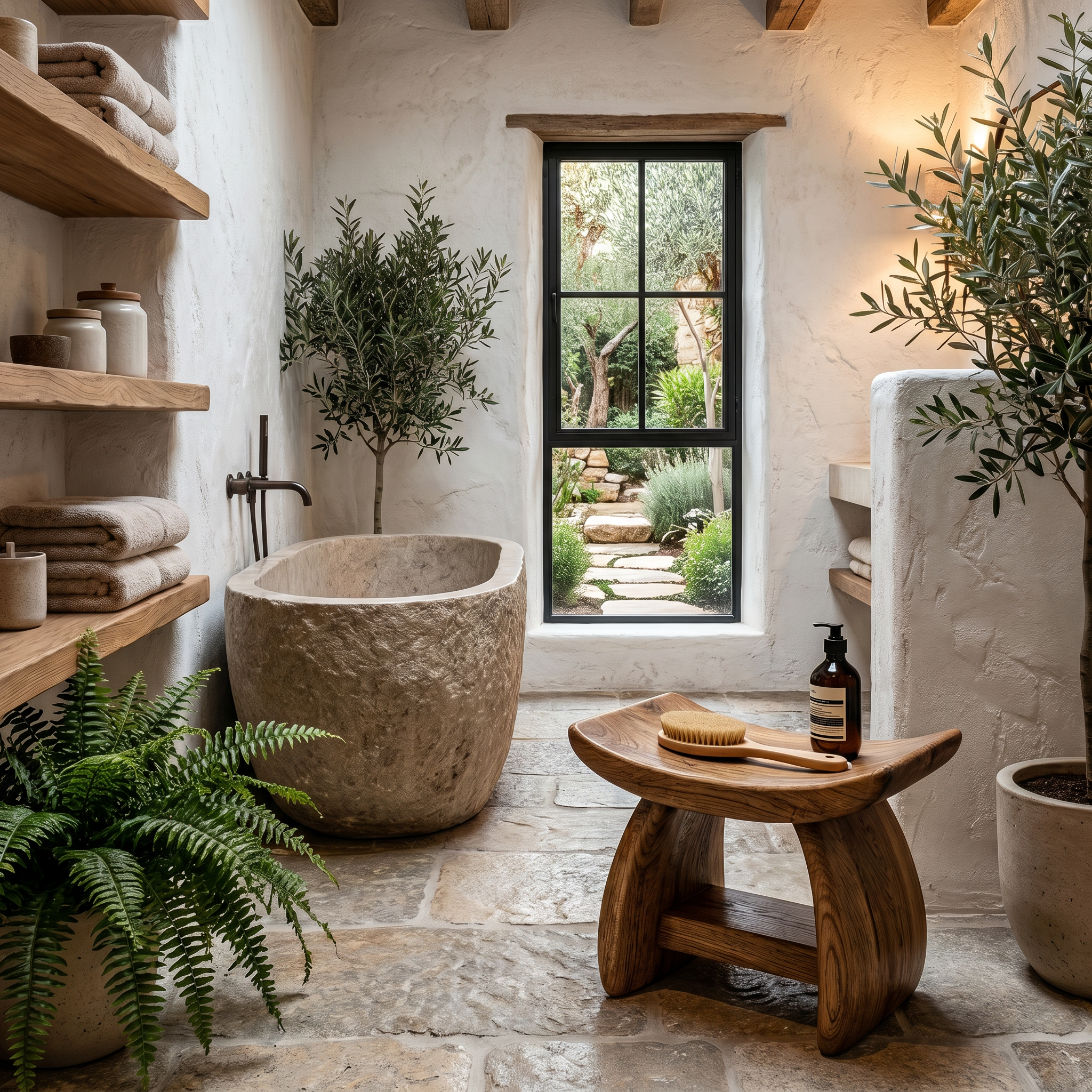 Nature Inspired Bathroom Stool With Sculptural Wood Design For Bathroom