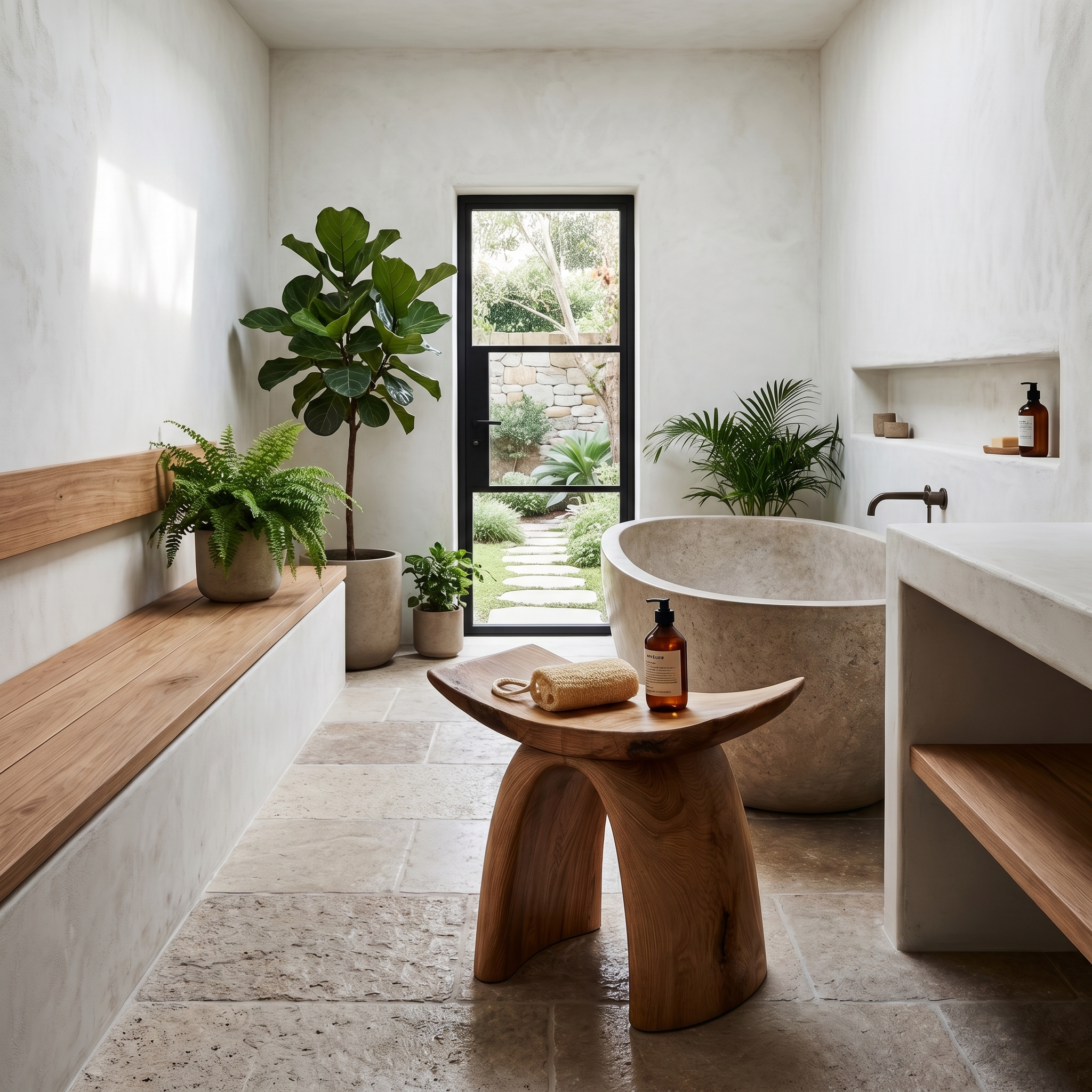 Organic Modern Shower Stool With Sculptural Wood Base For Bathroom