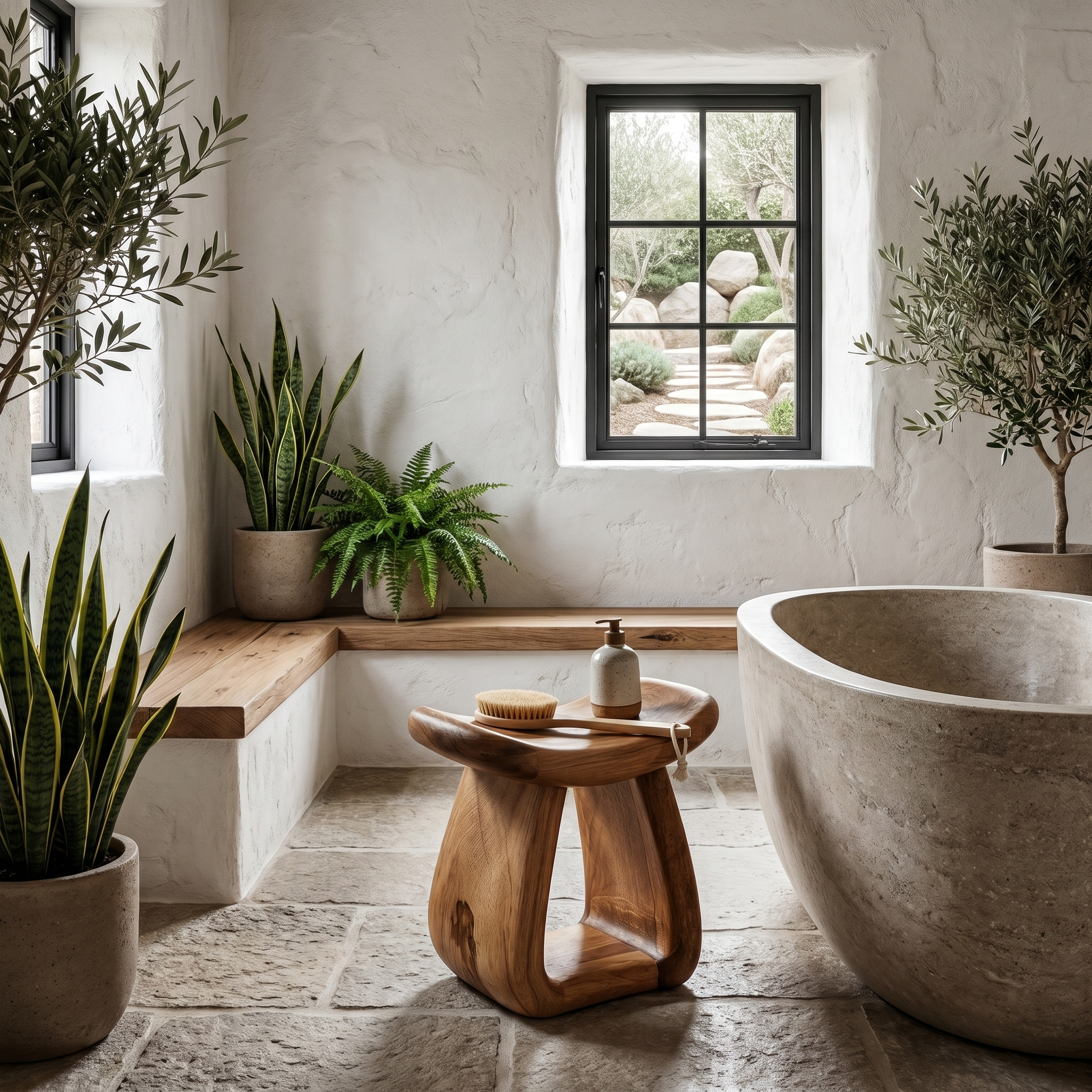 Organic Bath Stool With Handcrafted Pedestal Design For Bathroom