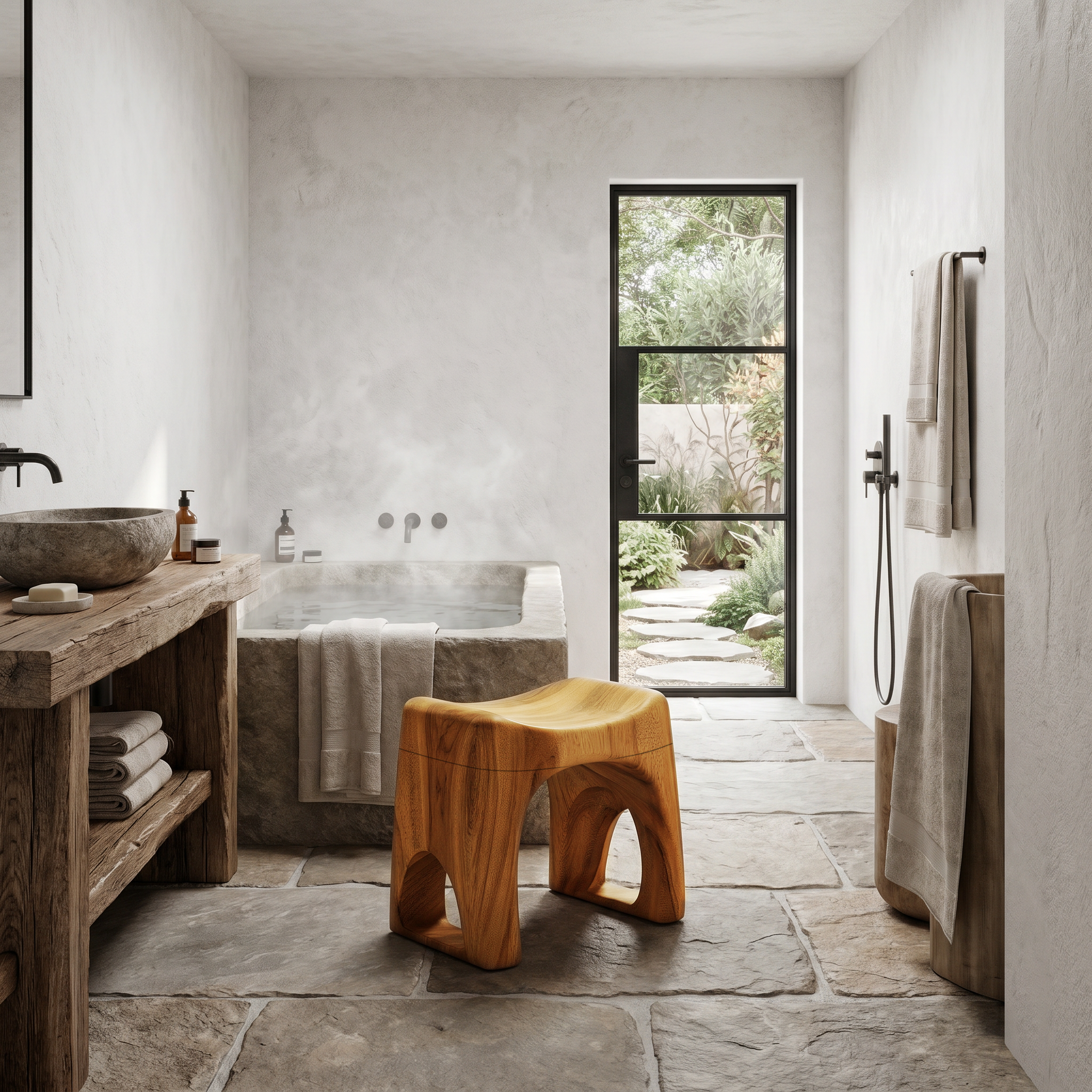 Minimalist Bathroom Stool With Organic Solid Wood Design For Bathroom