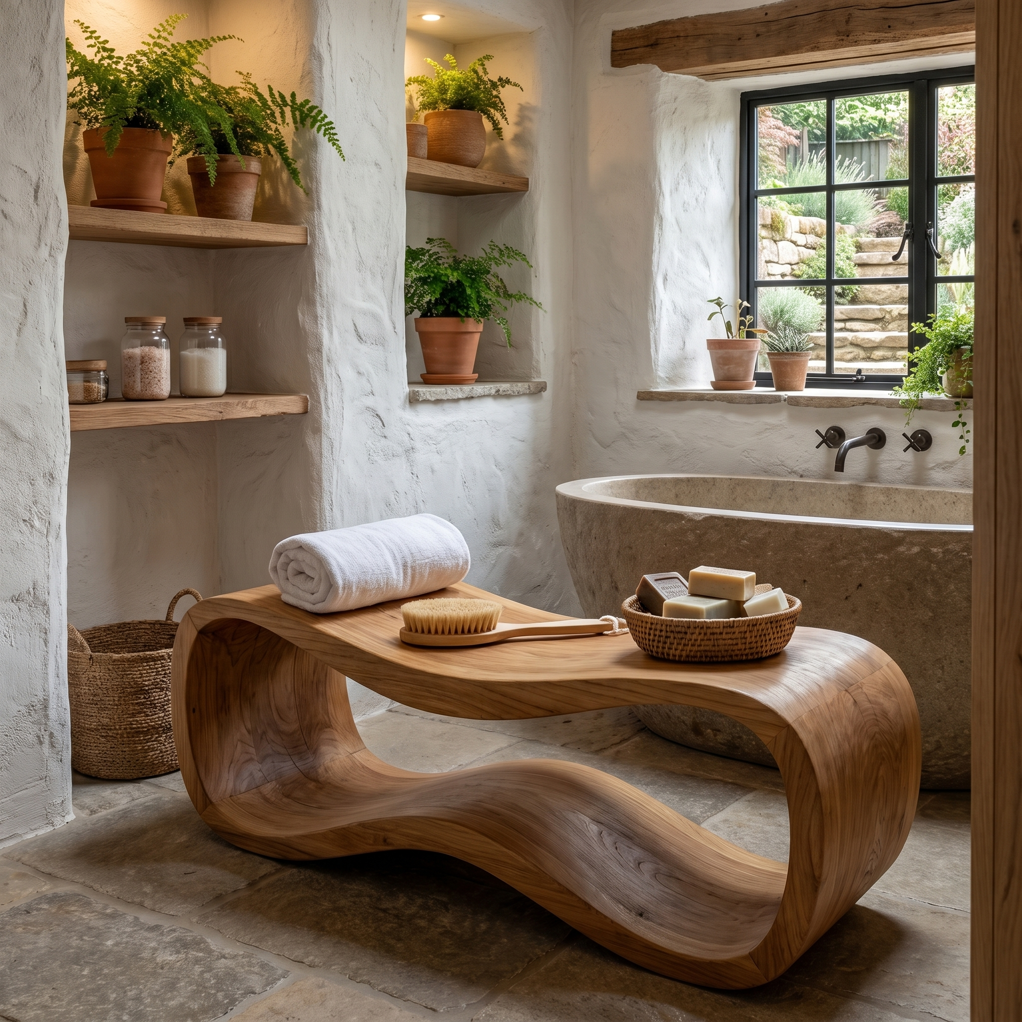 Sculptural Wooden Shower Bench For Bathroom