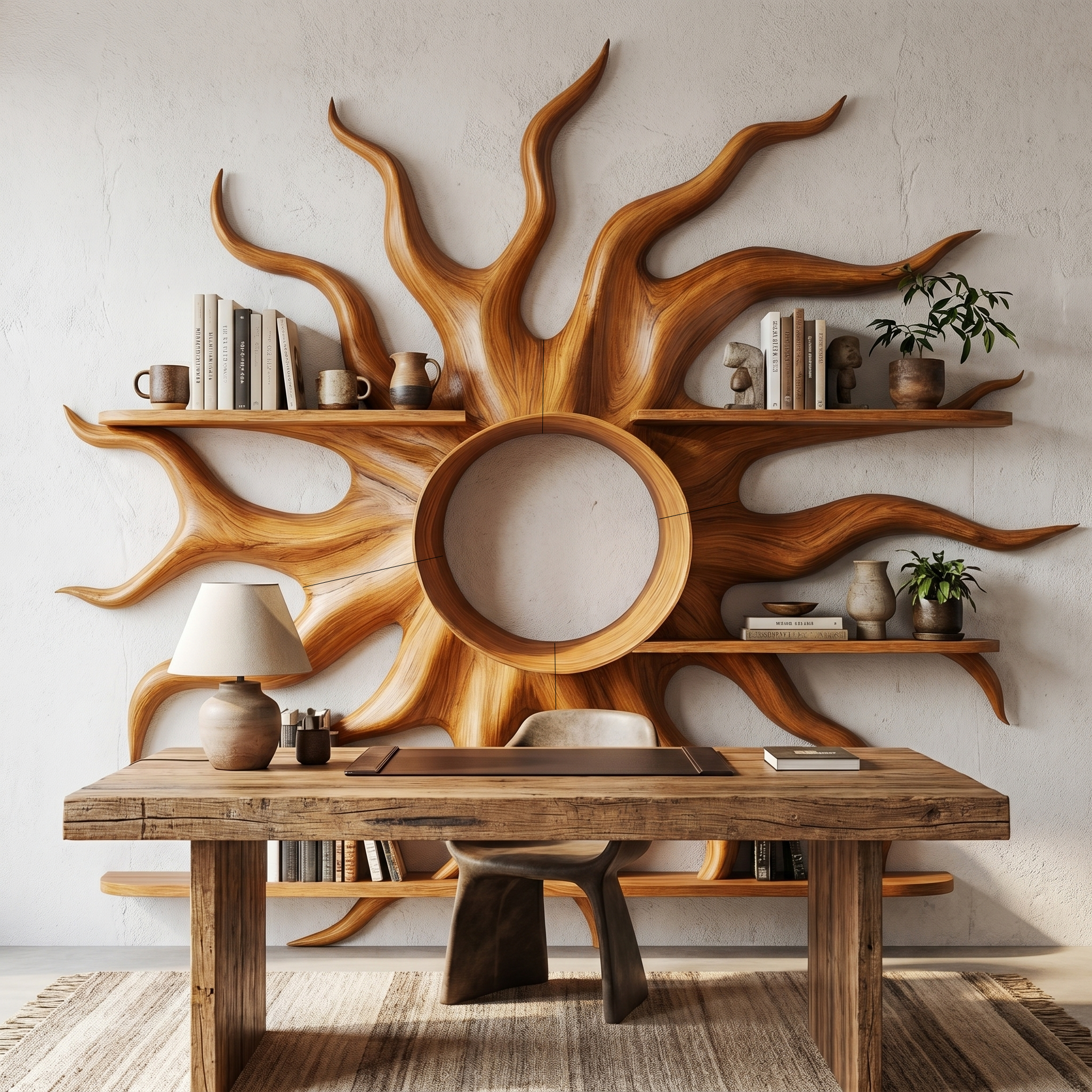 Sculptural Sun Wall Shelf With Floating Shelf For Home Decor