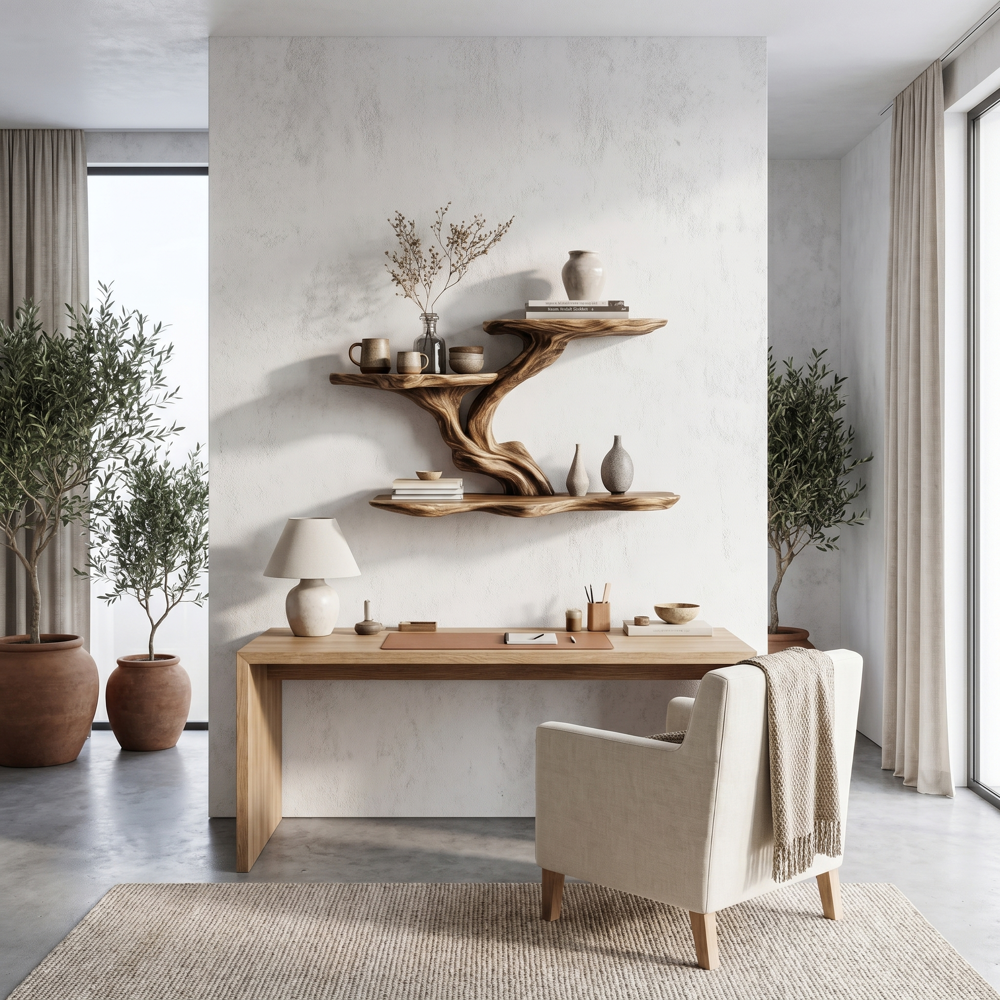 Organic Tree Branch Floating Shelf With Sculptural Wall Storage For Living Room