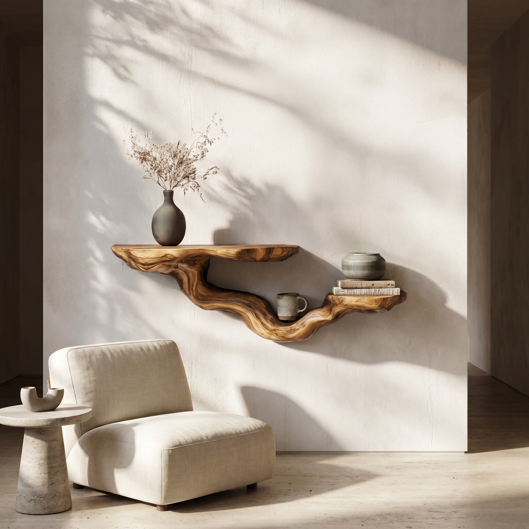 Rustic Floating Shelf With Sculptural Tree Branch Form For Home Decor