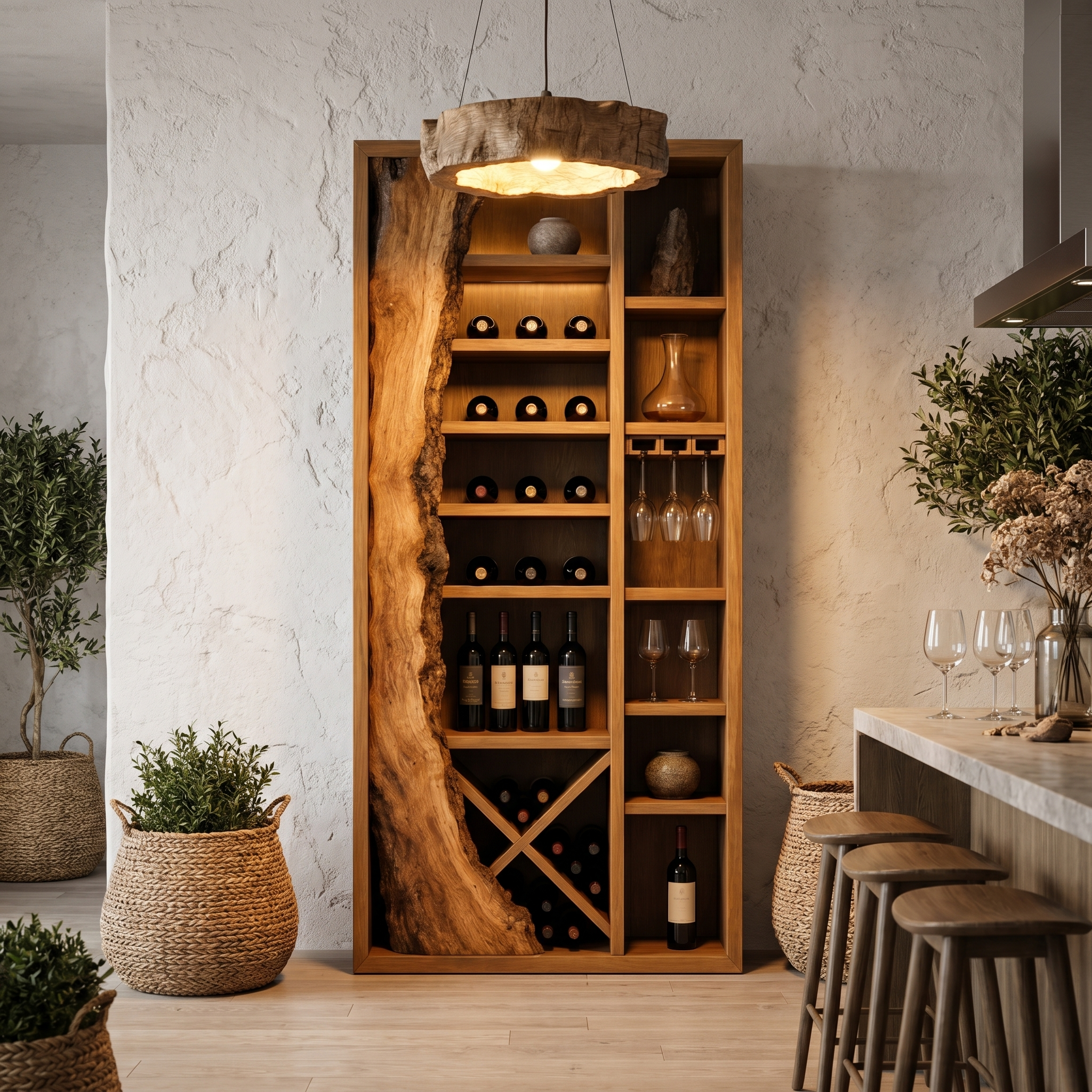 Rustic Wine Cabinet With Live Edge Wood Inlay And Built In Bottle Storage For Dining Room