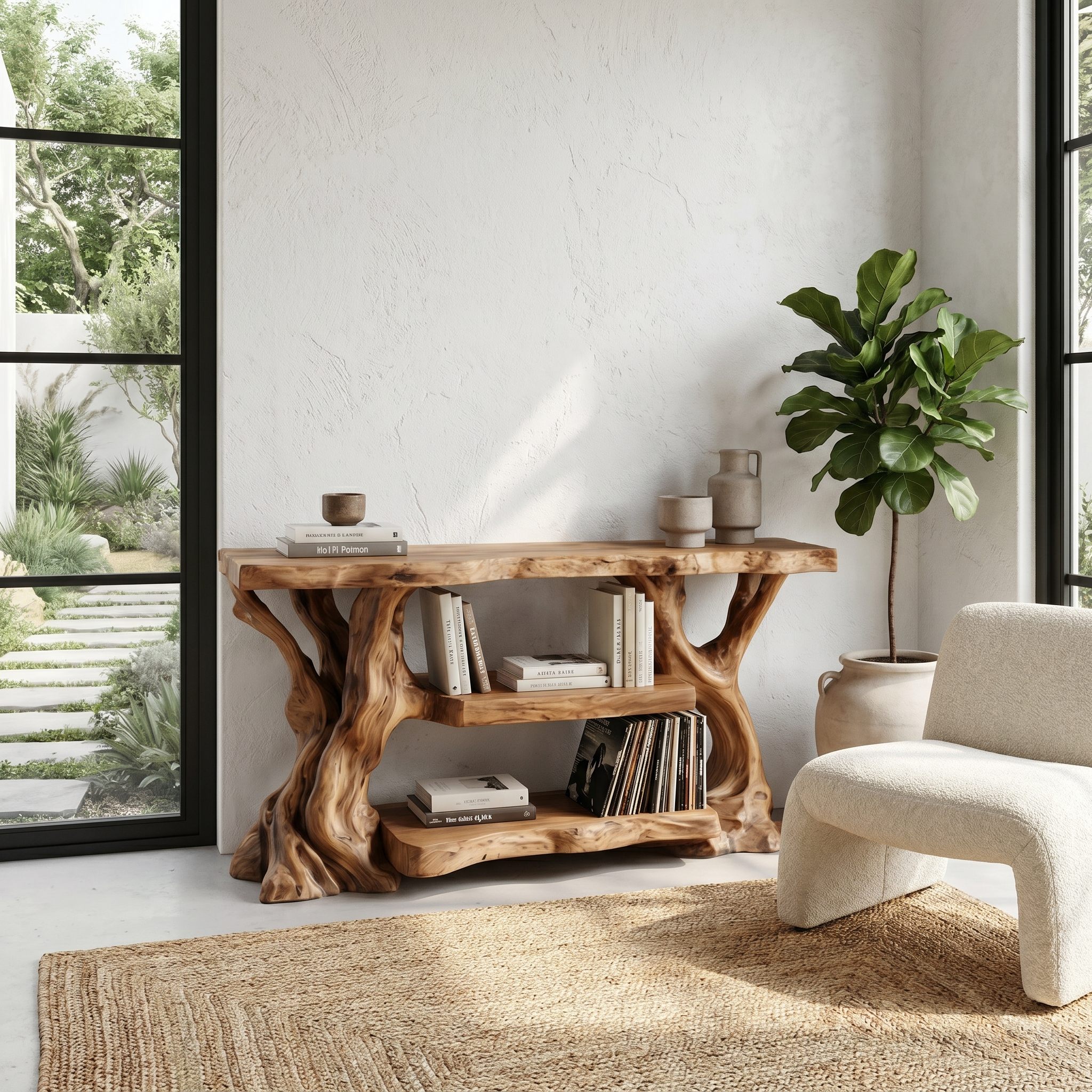 Rustic TV Stand With Natural Wood Sculptural Frame For Living Room