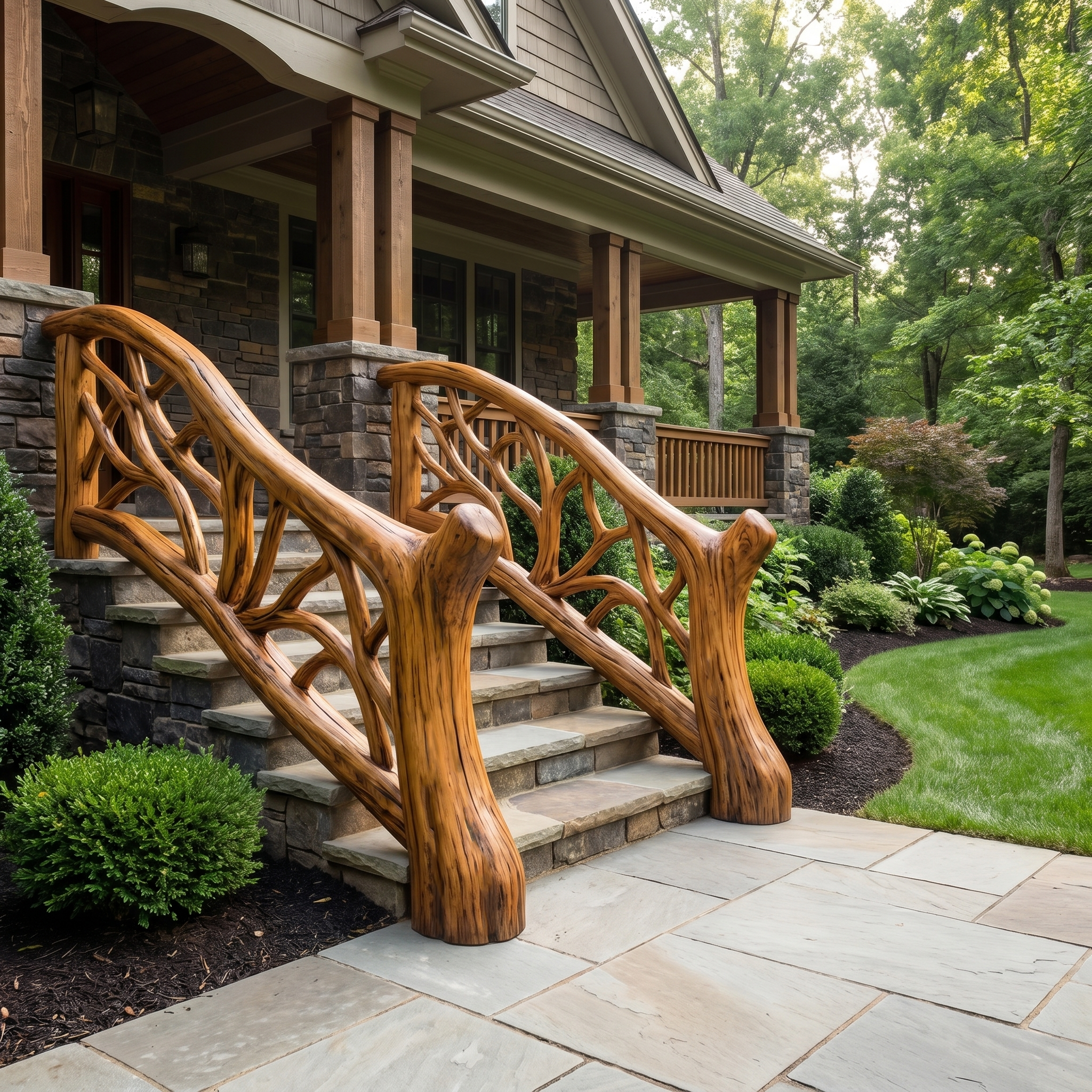 Organic Sculptural Stair Railing With Flowing Wood Design For Modern Interior