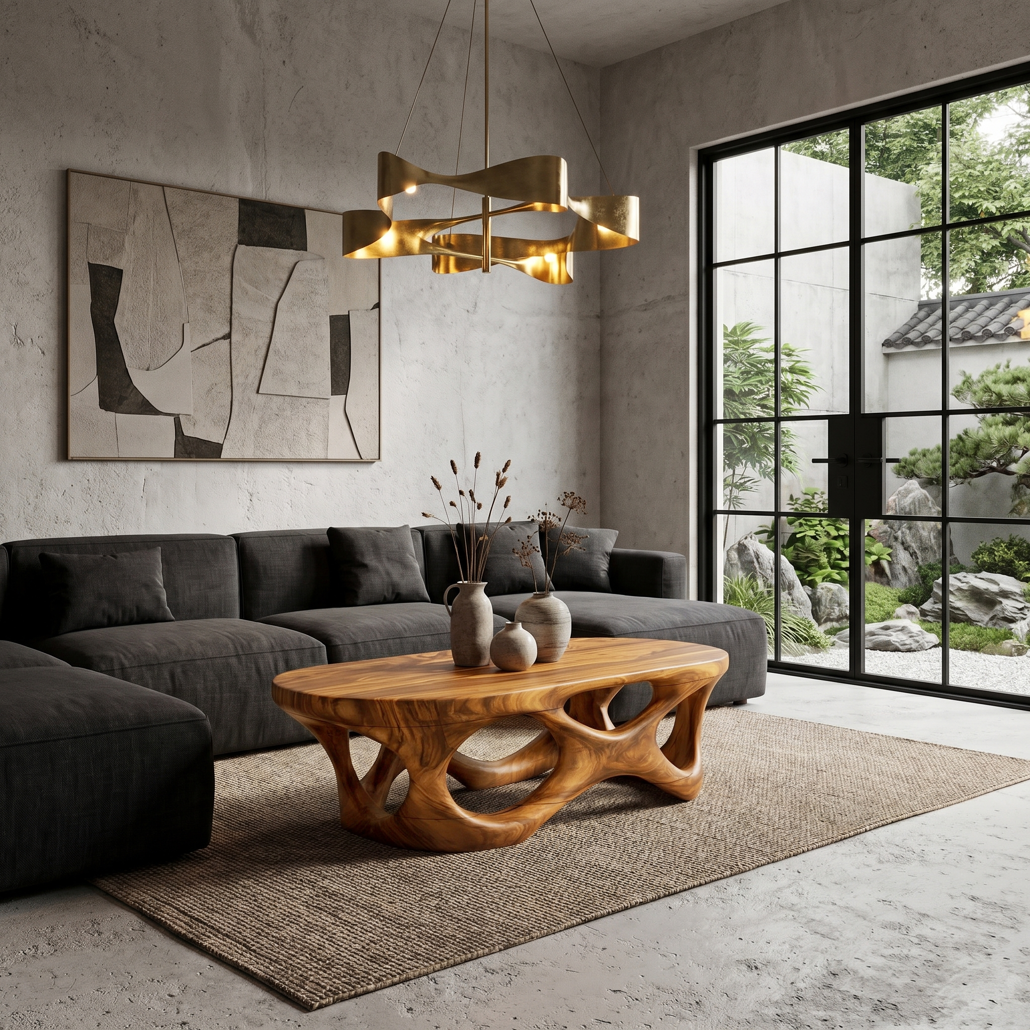 Sculptural Coffee Table With Interlocking Wood Base For Living Room
