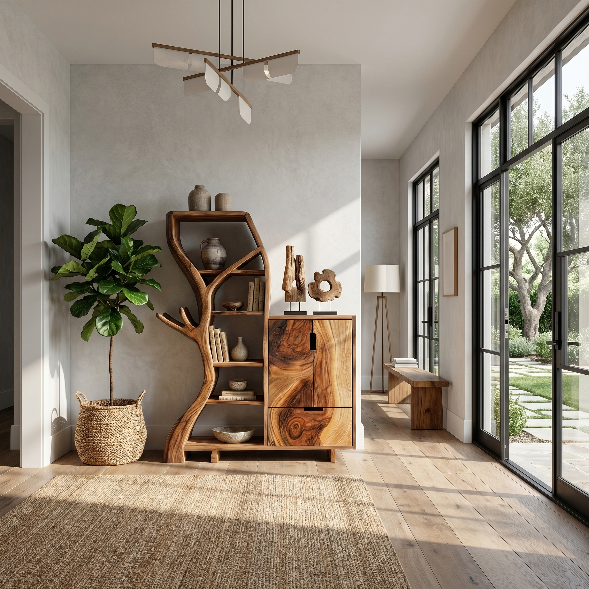 Rustic Storage Cabinet With Tree Bookshelf And Display Shelves For Entryway