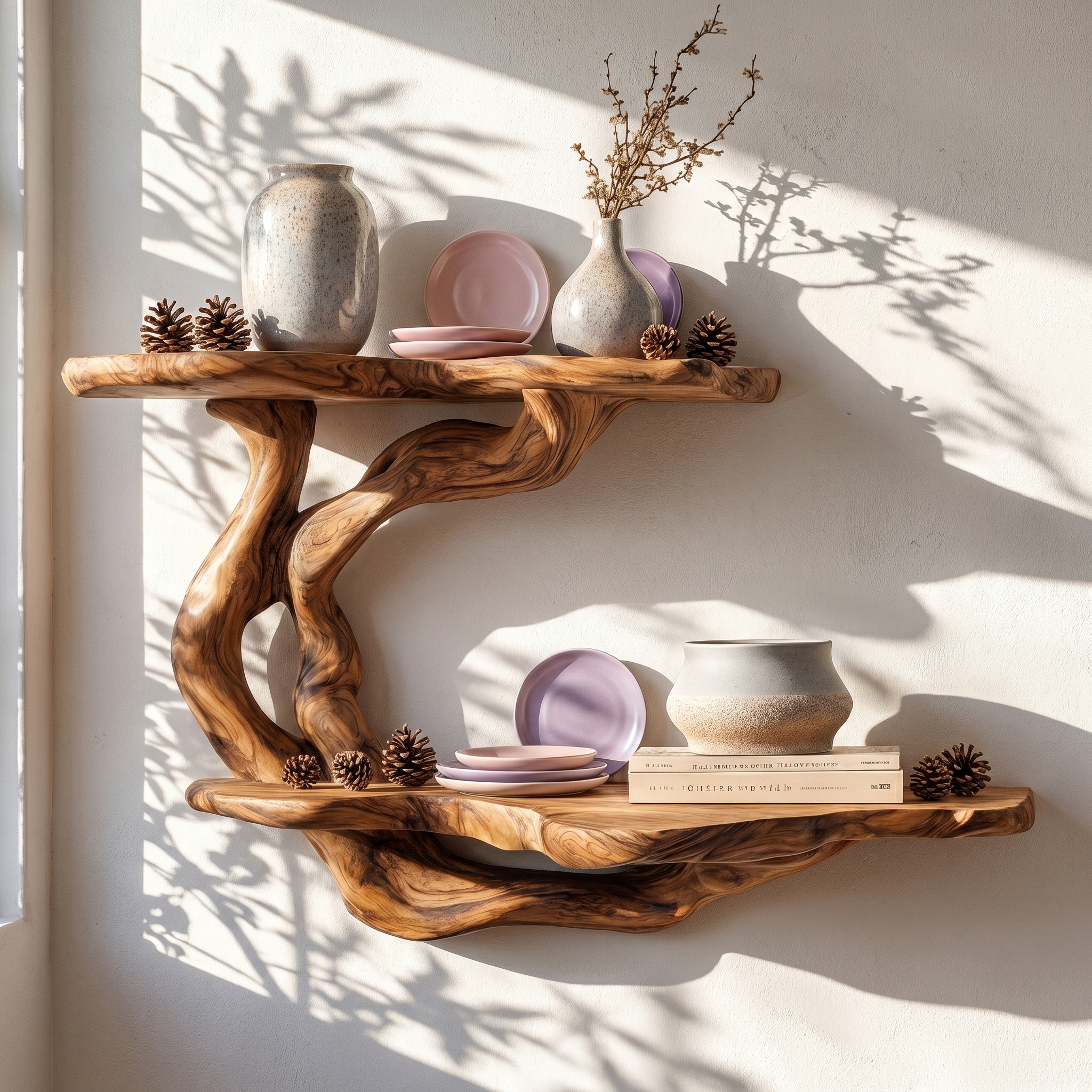 Handcrafted Floating Shelf With Sculptural Tree Form For Living Room Decor