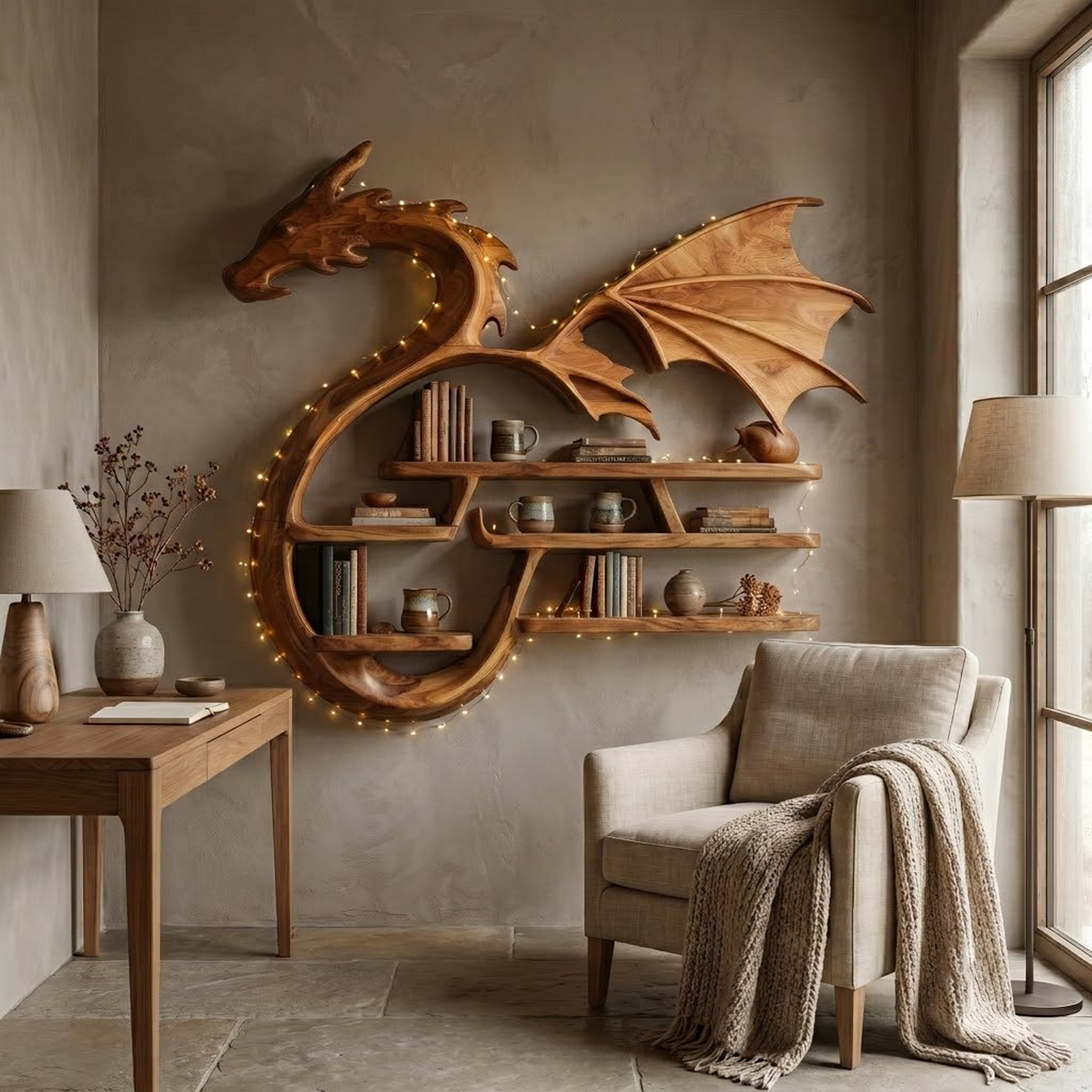 Medieval Dragon Wall Shelf With Sculptural Wooden Display Storage For Living Room