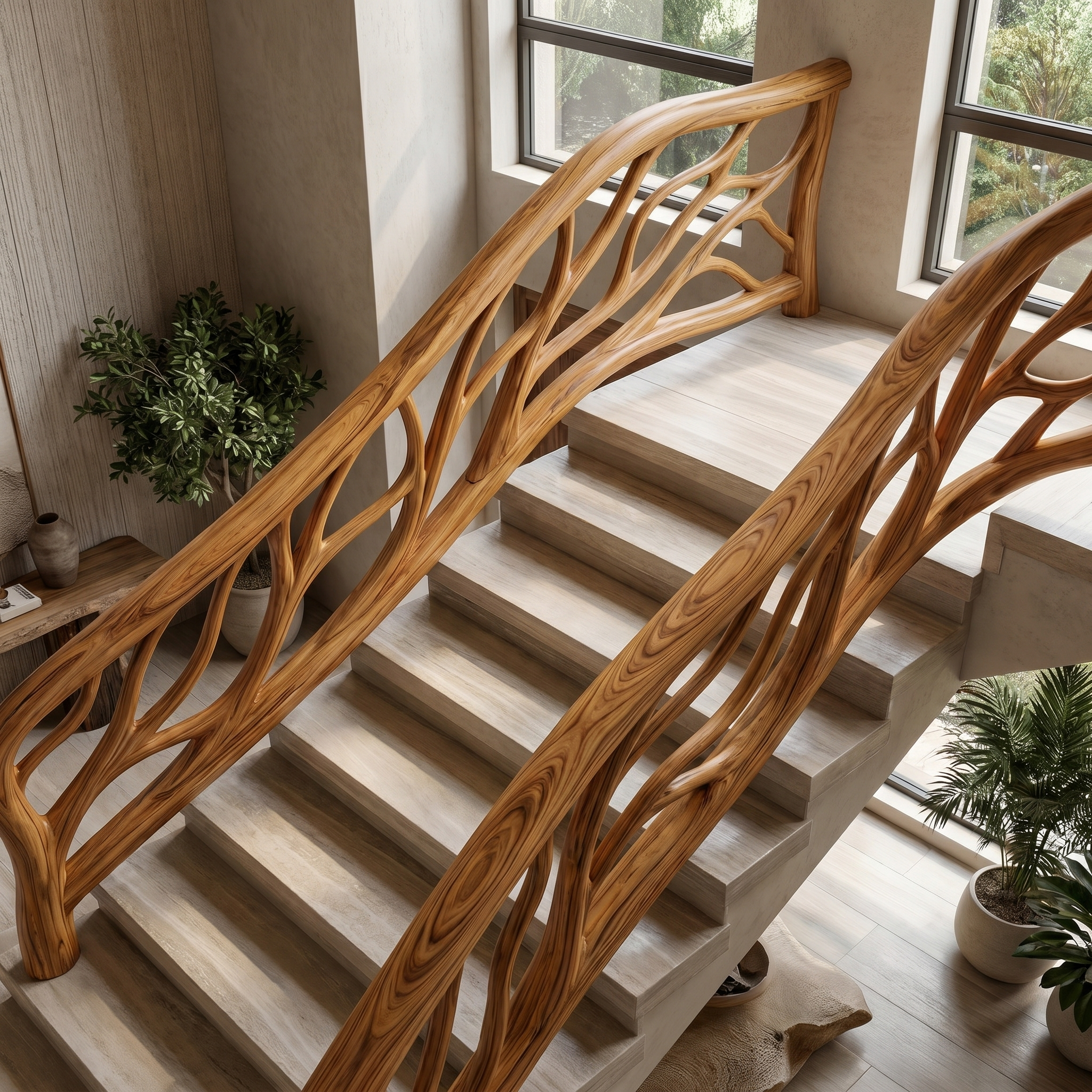 Organic Tree Branch Stair Railing With Natural Wood Design For Interior Staircase
