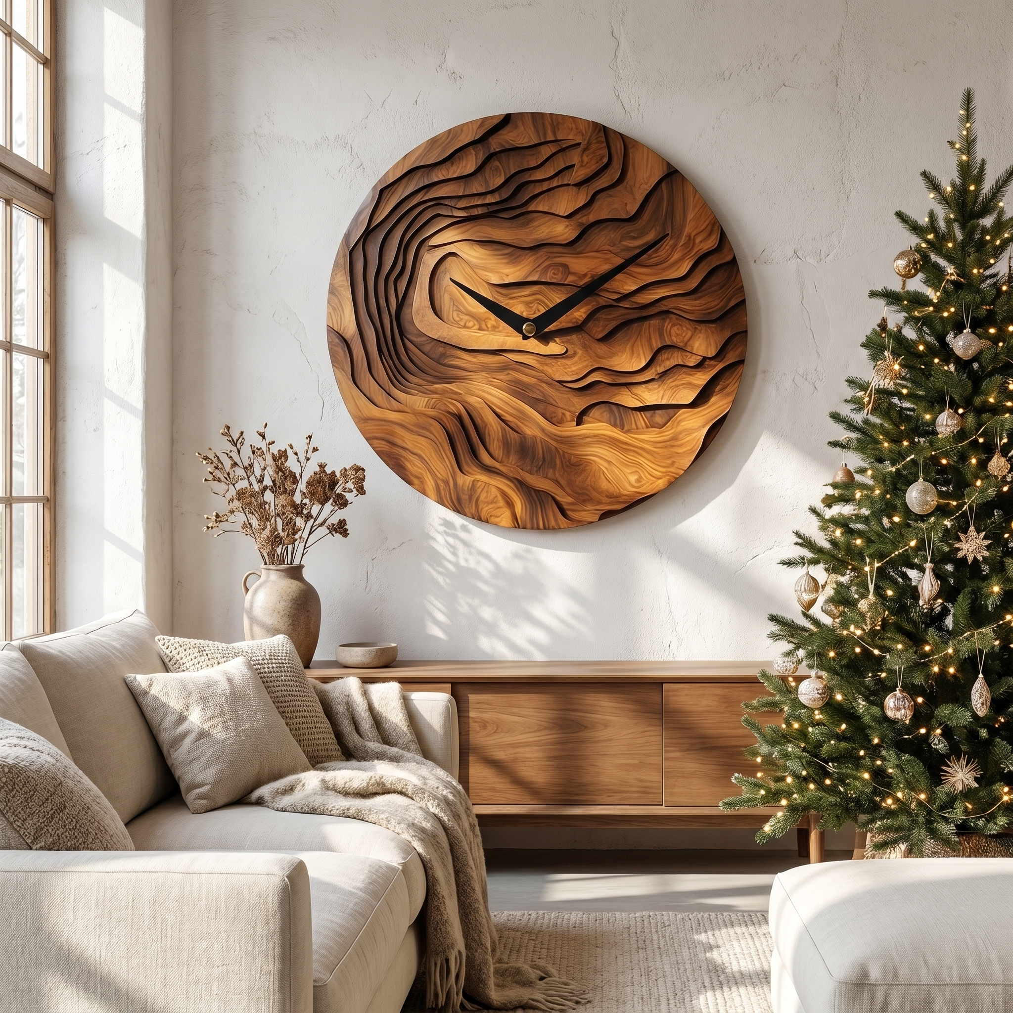 Rustic Wood Wall Clock With Hand Carved Organic Pattern For Living Room