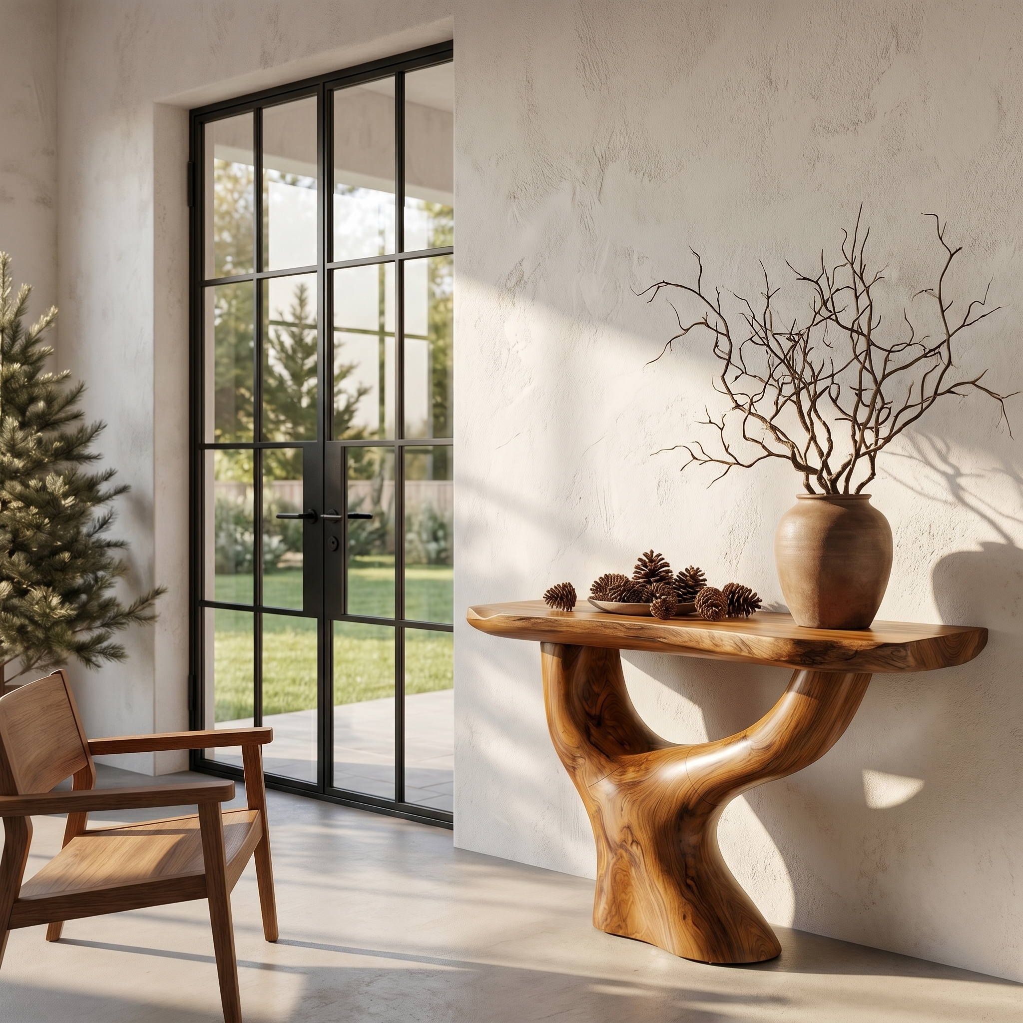 Rustic Console Table With Sculptural Tree Root Base For Entryway