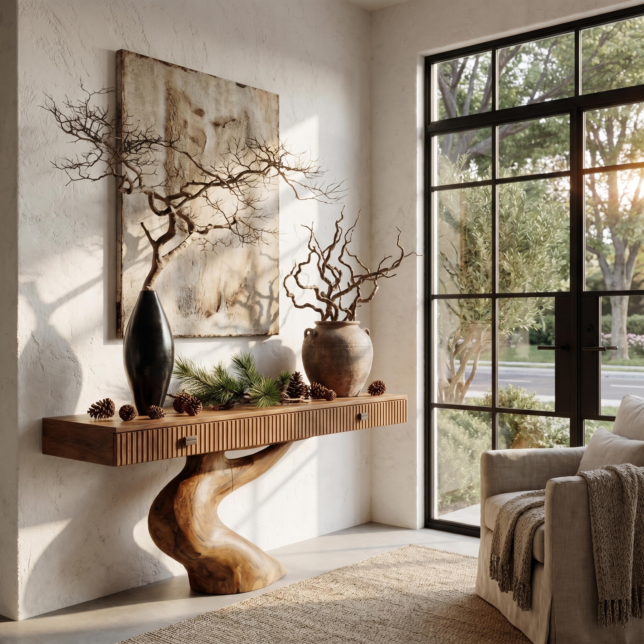 Rustic Console Table With Integrated Drawers And Artistic Tree Root Pedestal For Living Room