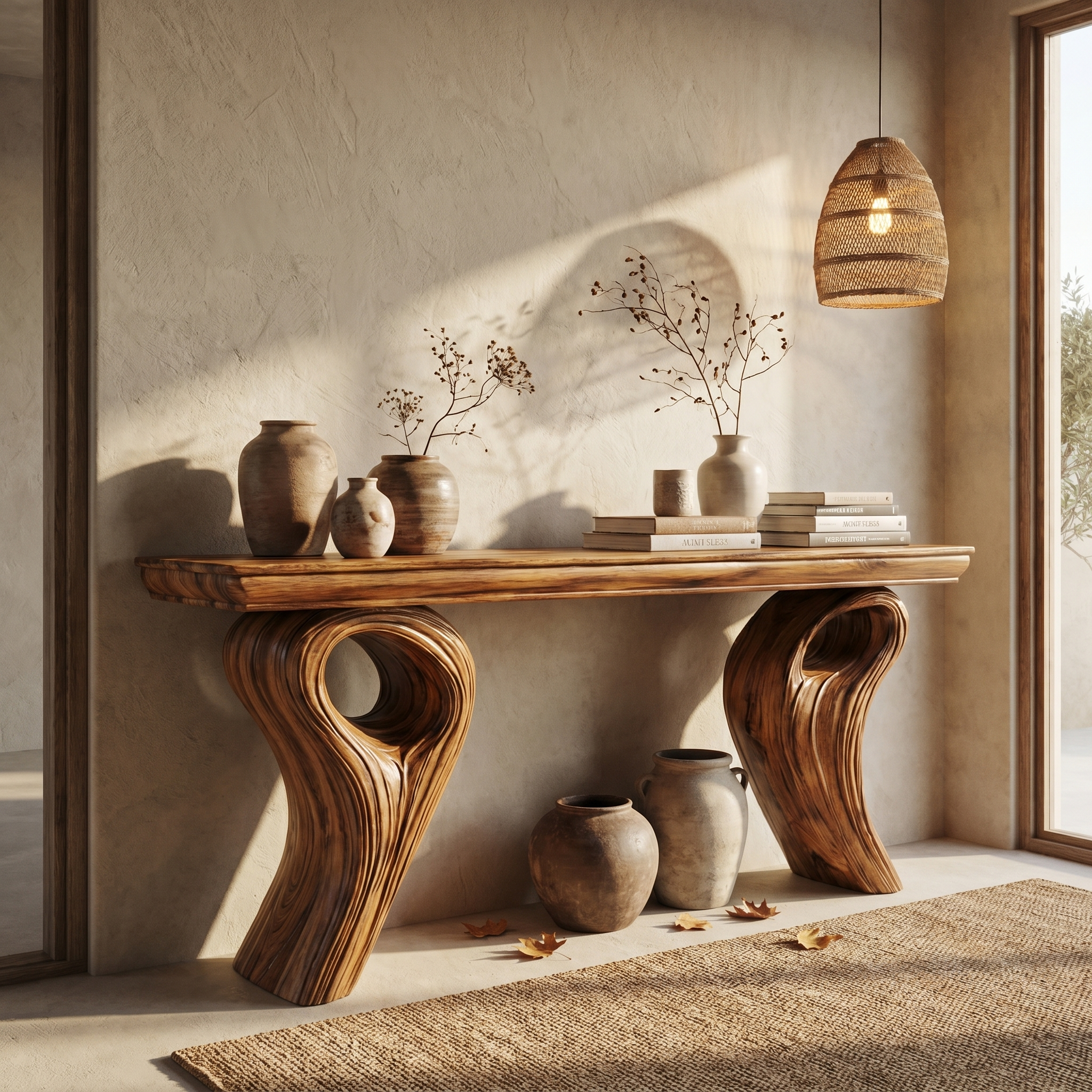 Rustic Organic Storage Console Table With Tree Inspired Base For Hallway And Living Room
