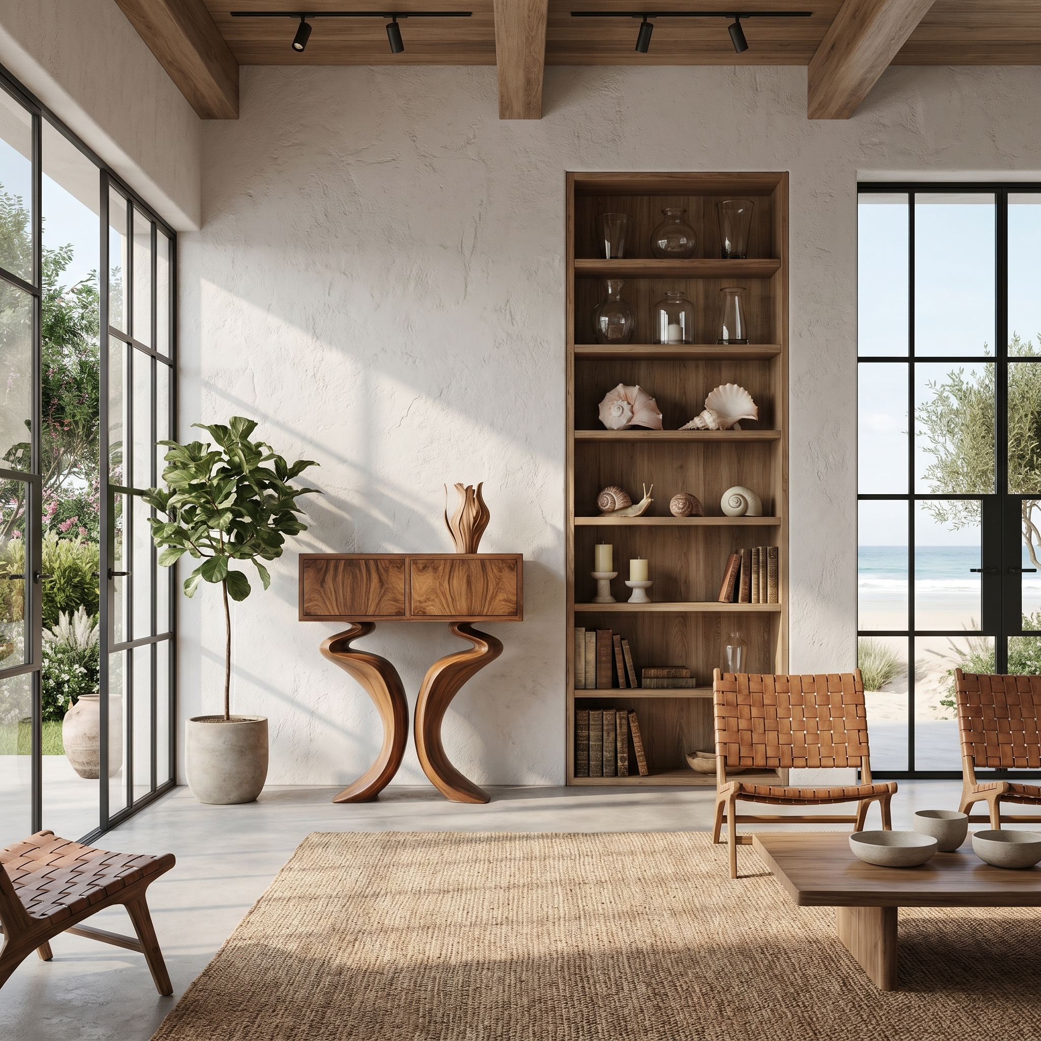 Organic Console Table With Hidden Storage Cabinet For Living Room And Entryway