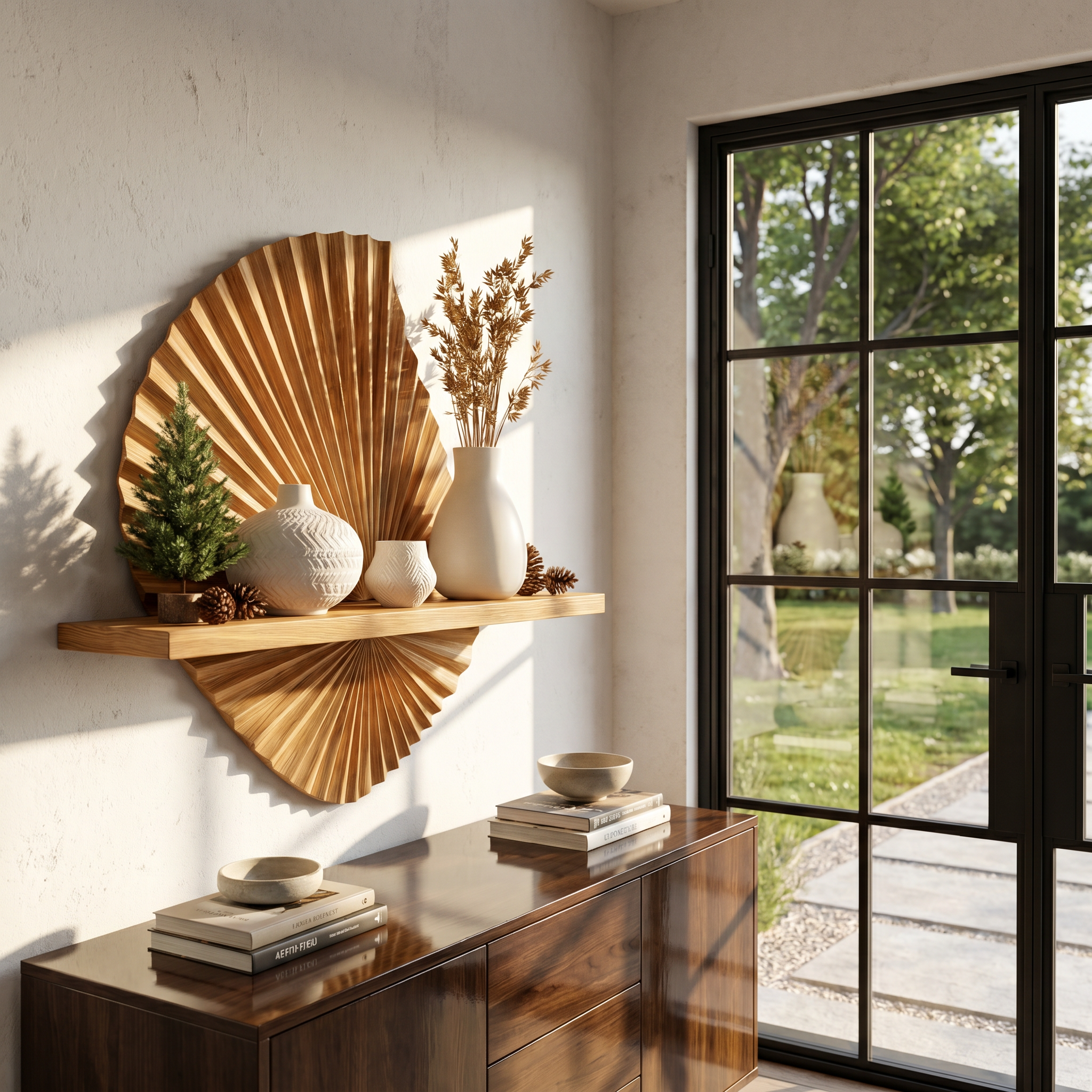 Modern Floating Shelf With Sunburst Wood Wall Sculpture For Living Room