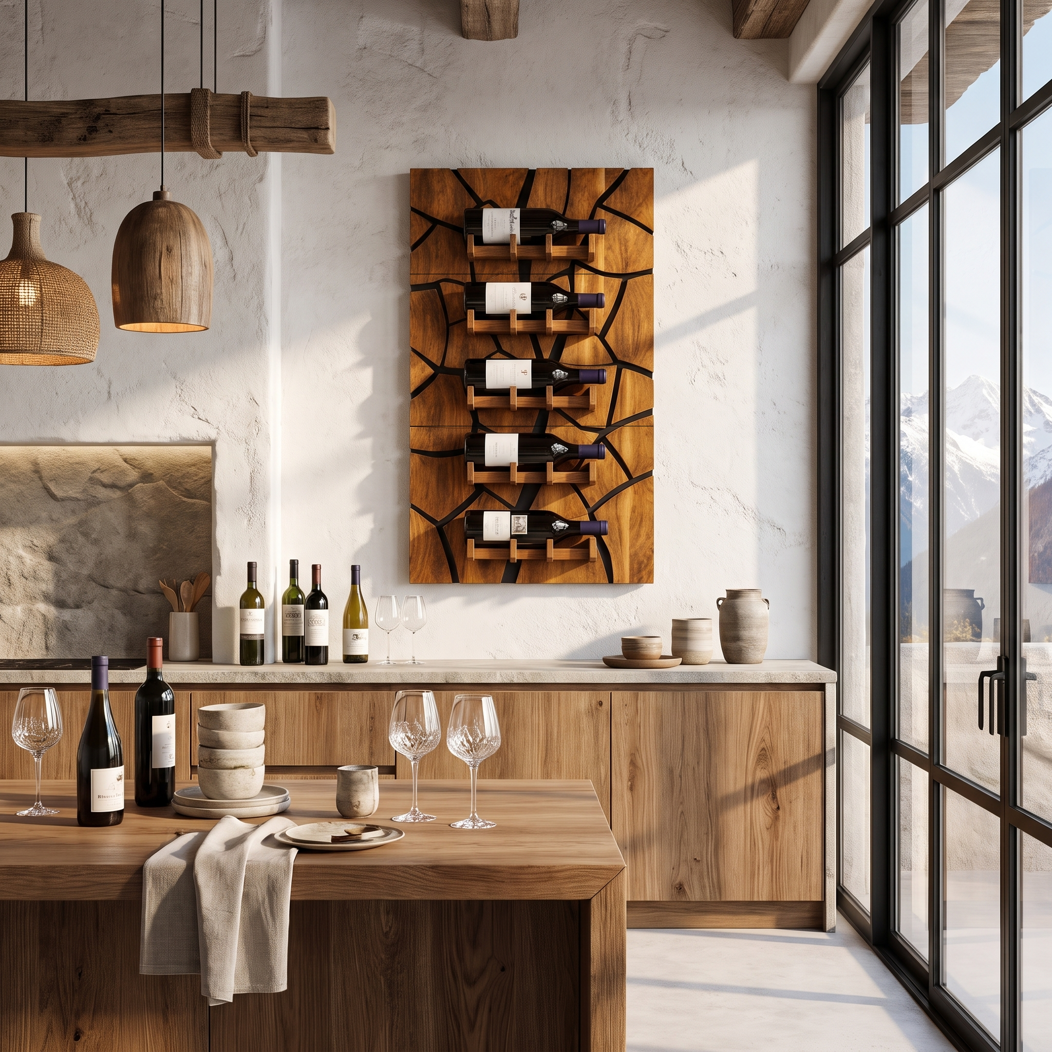 Rustic Wall Mounted Wine Holder With Geometric Bottle Display For Dining Room