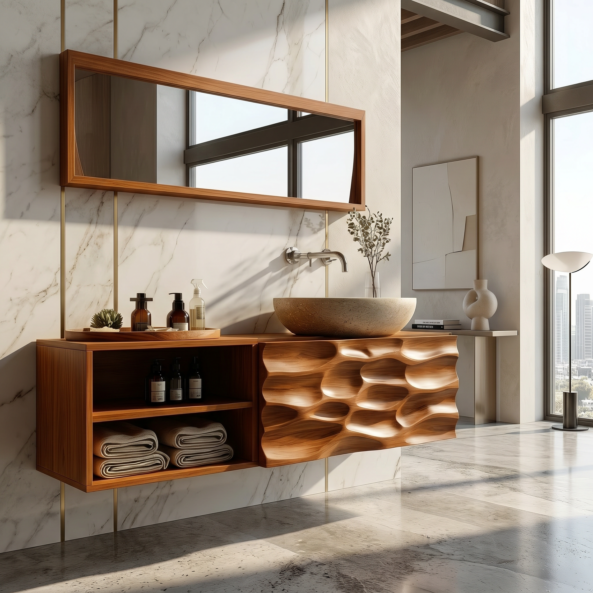 Handcrafted Organic Bathroom Vanity With Floating Storage Cabinet For Bathroom