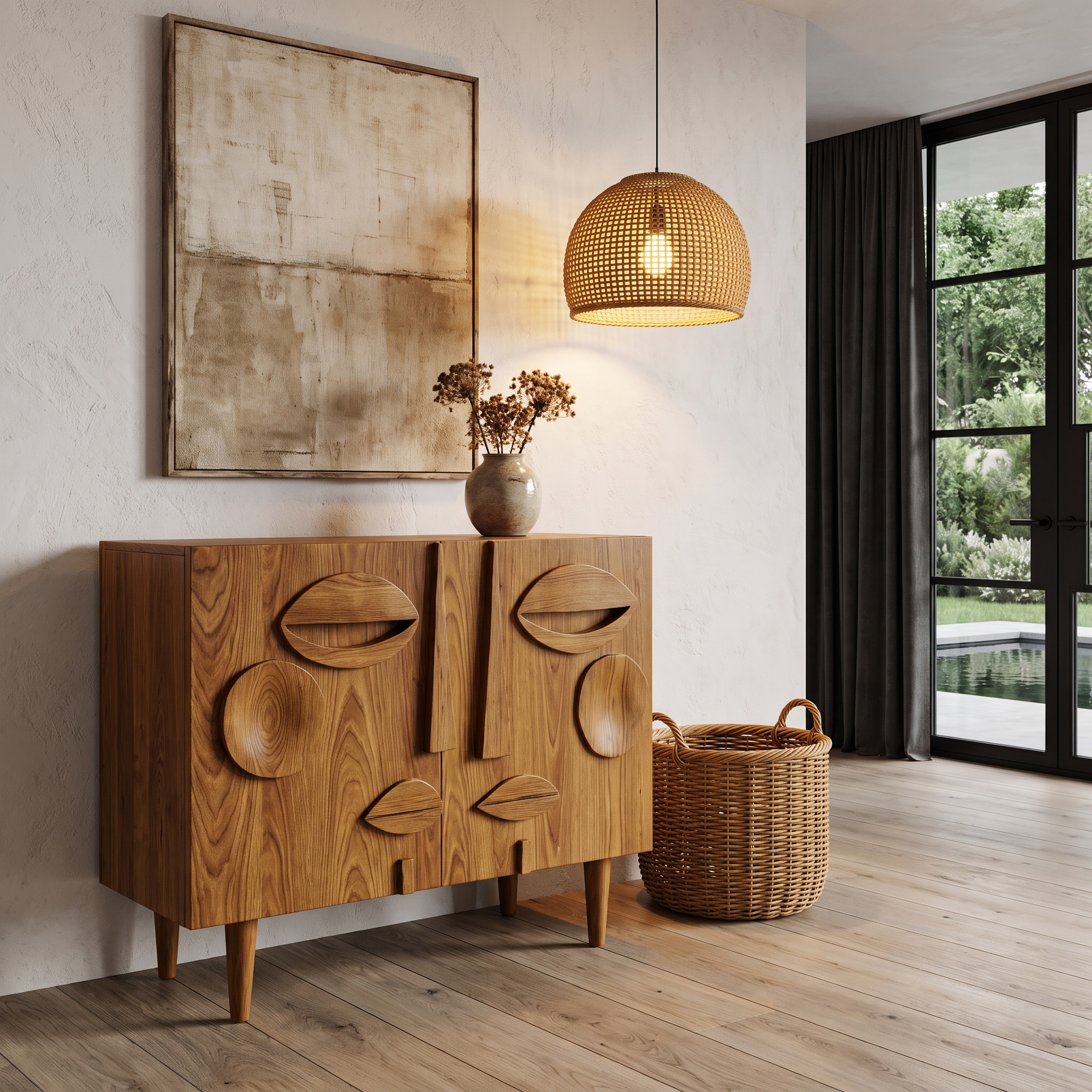 Modern Accent Cabinet With Abstract Face Design For Living Room And Entryway