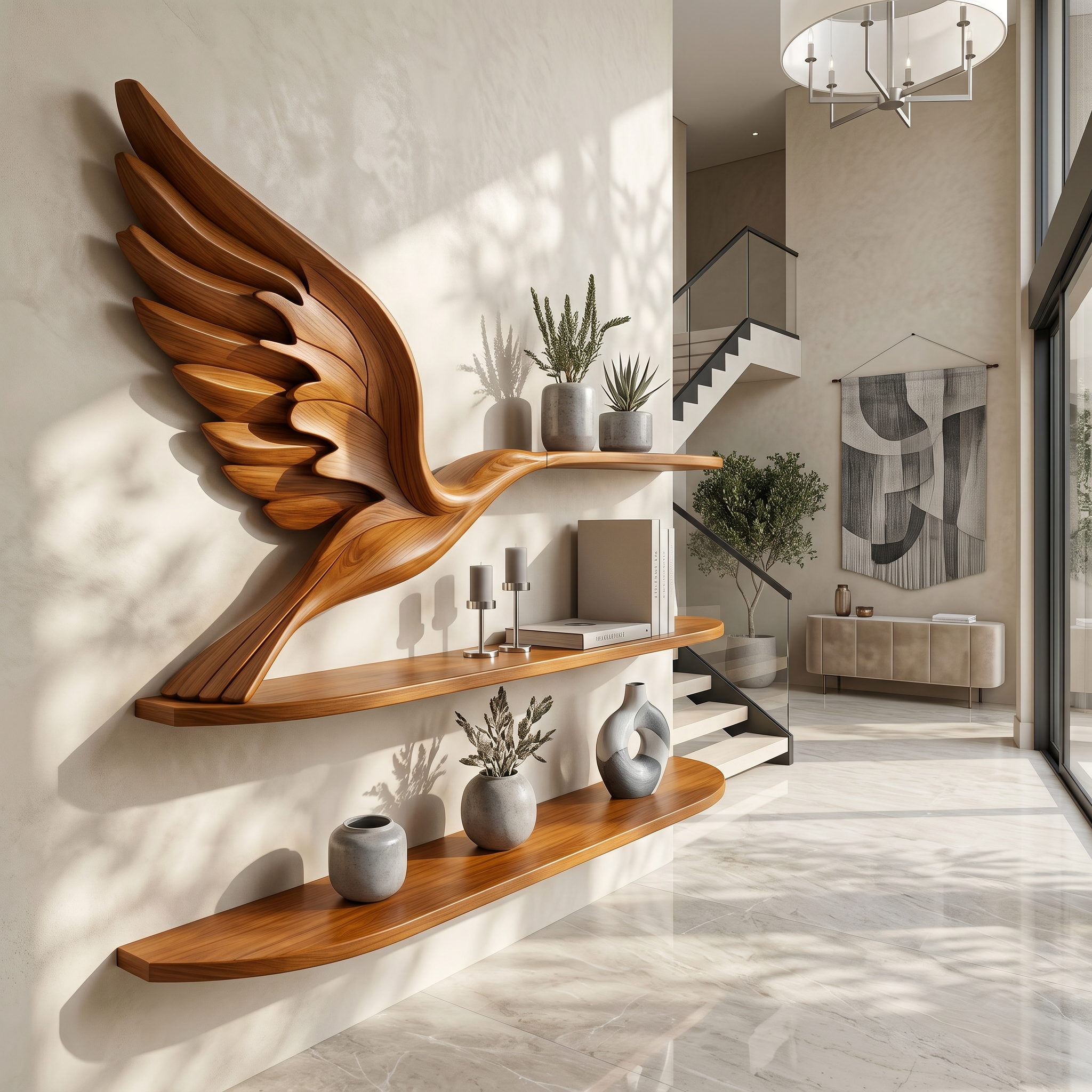 Handcrafted Eagle Wing Floating Shelf With Wooden Display Shelves For Living Room