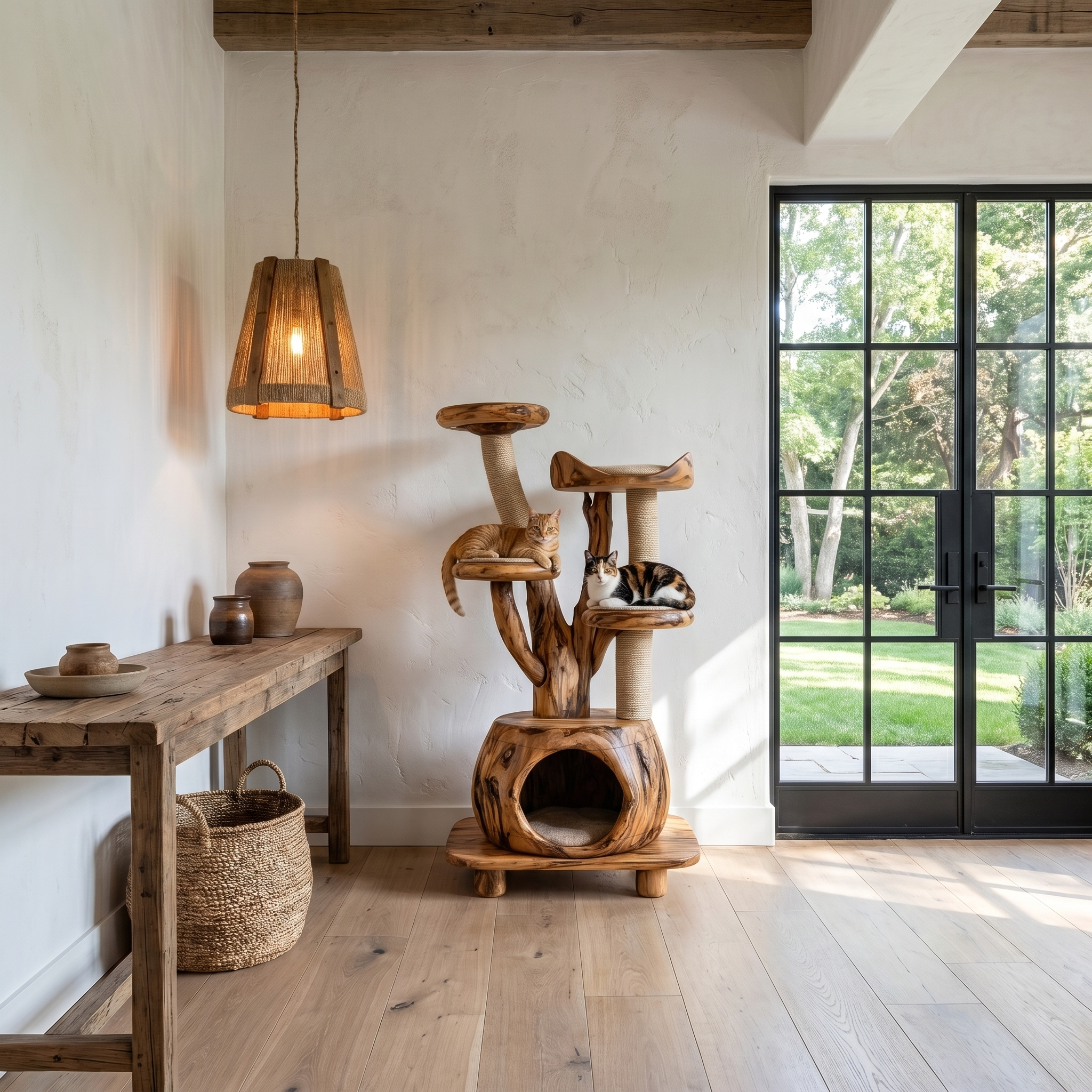 Rustic Tree Cat Tower With Cozy Pet Bed For Living Room