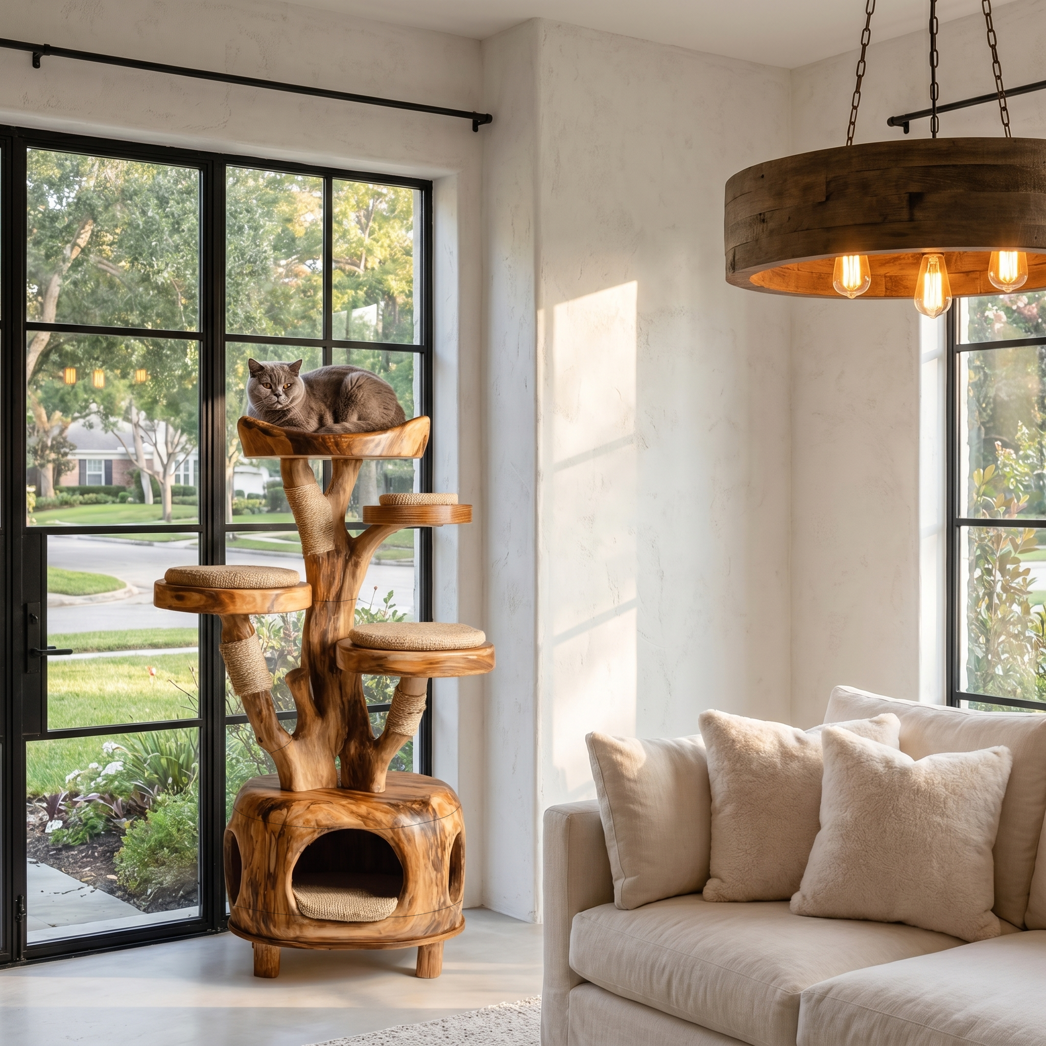 Nature Inspired Cat Tower With Cozy Hideaway Pet Bed For Home
