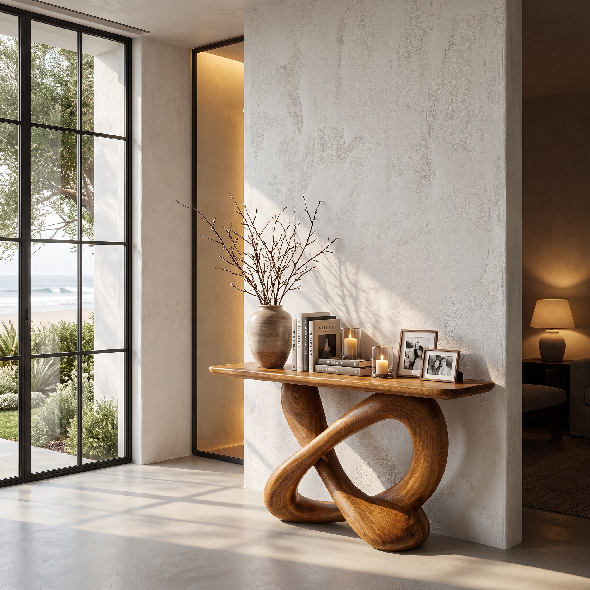 Modern Console Table With Twisted Ribbon Wood Base For Entryway